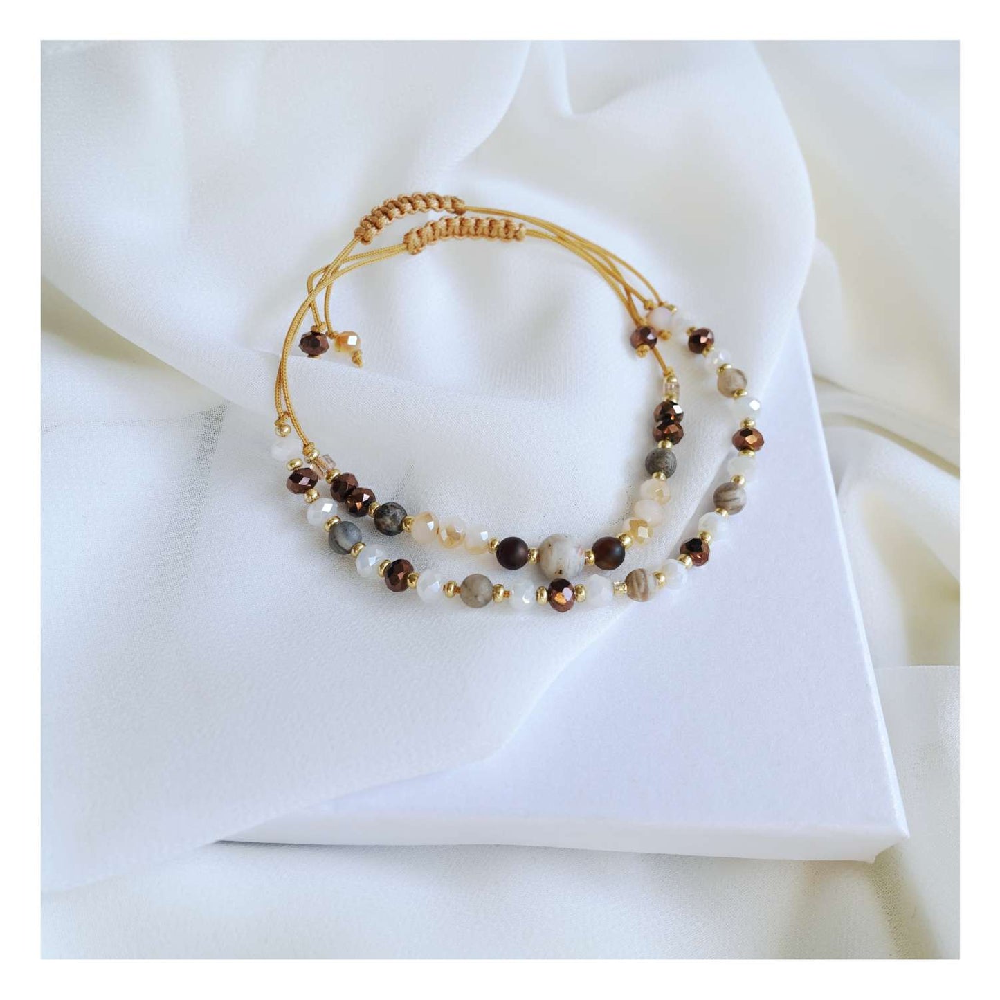 Brown string bracelets with natural stones agate tourmaline, TD9251a