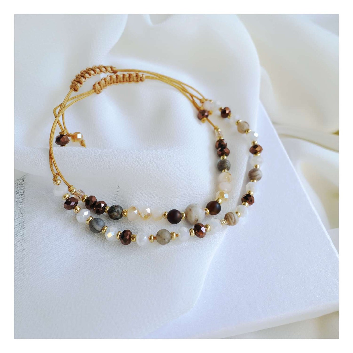 Brown string bracelets with natural stones agate tourmaline, TD9251a