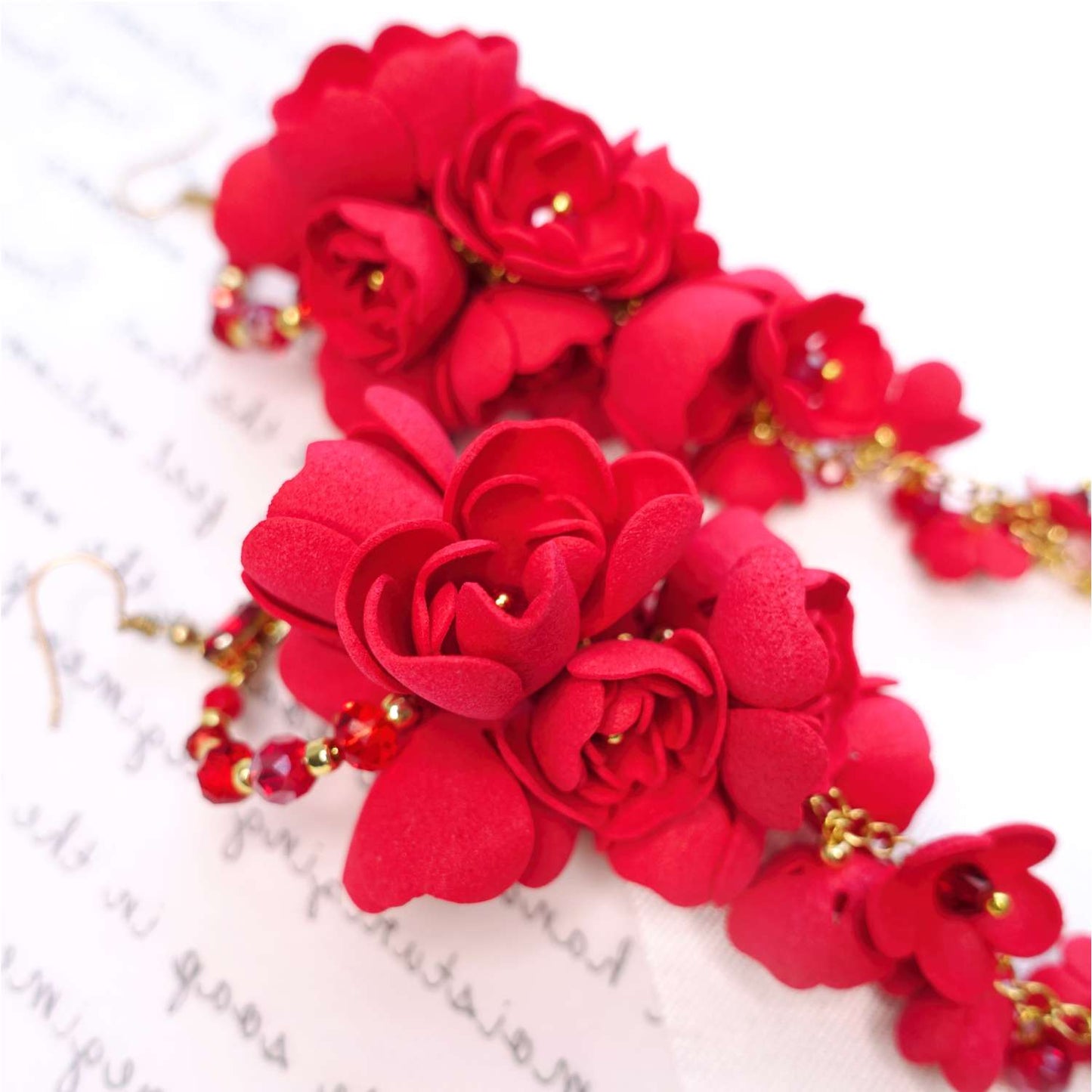 Long red grape flower earrings on a gold chain 861 Red Grapes