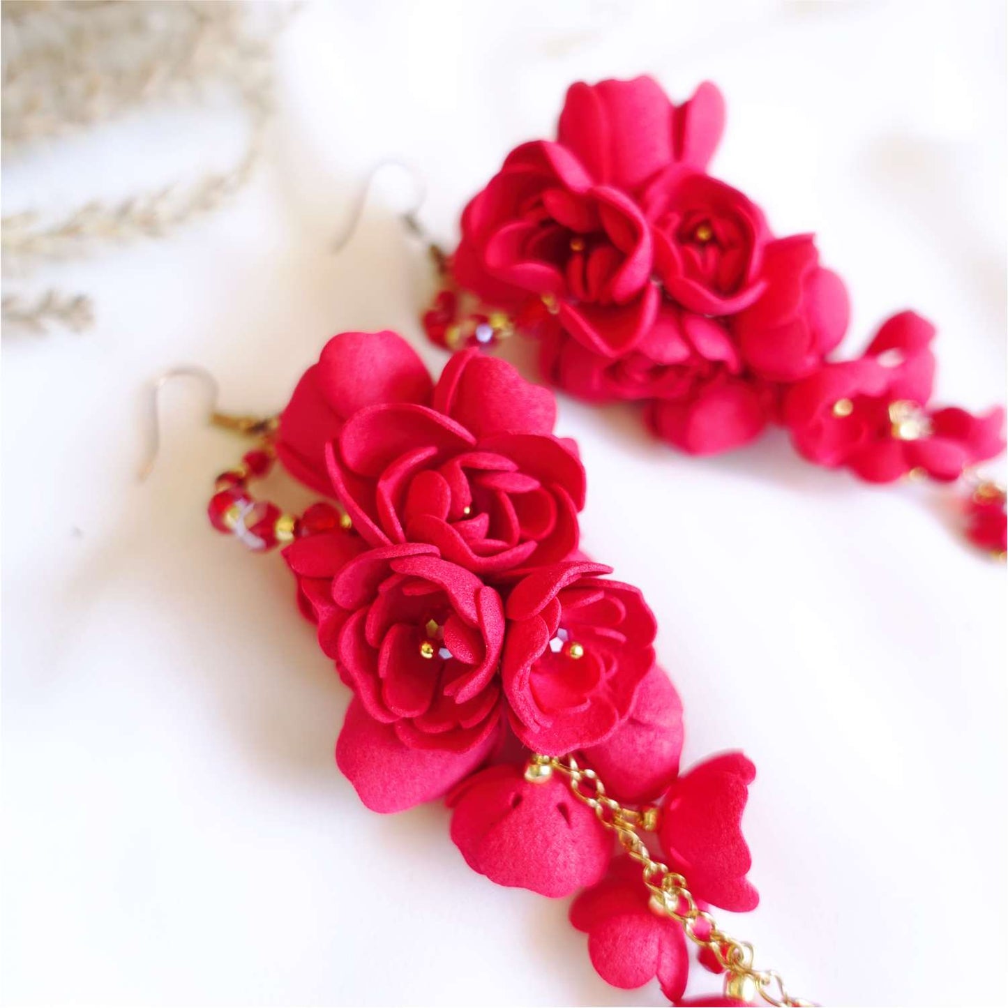 Long red grape flower earrings on a gold chain 861 Red Grapes