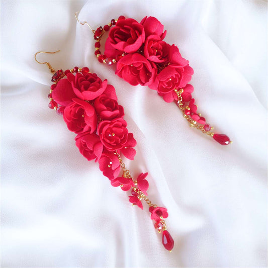 Long red grape flower earrings on a gold chain 861 Red Grapes