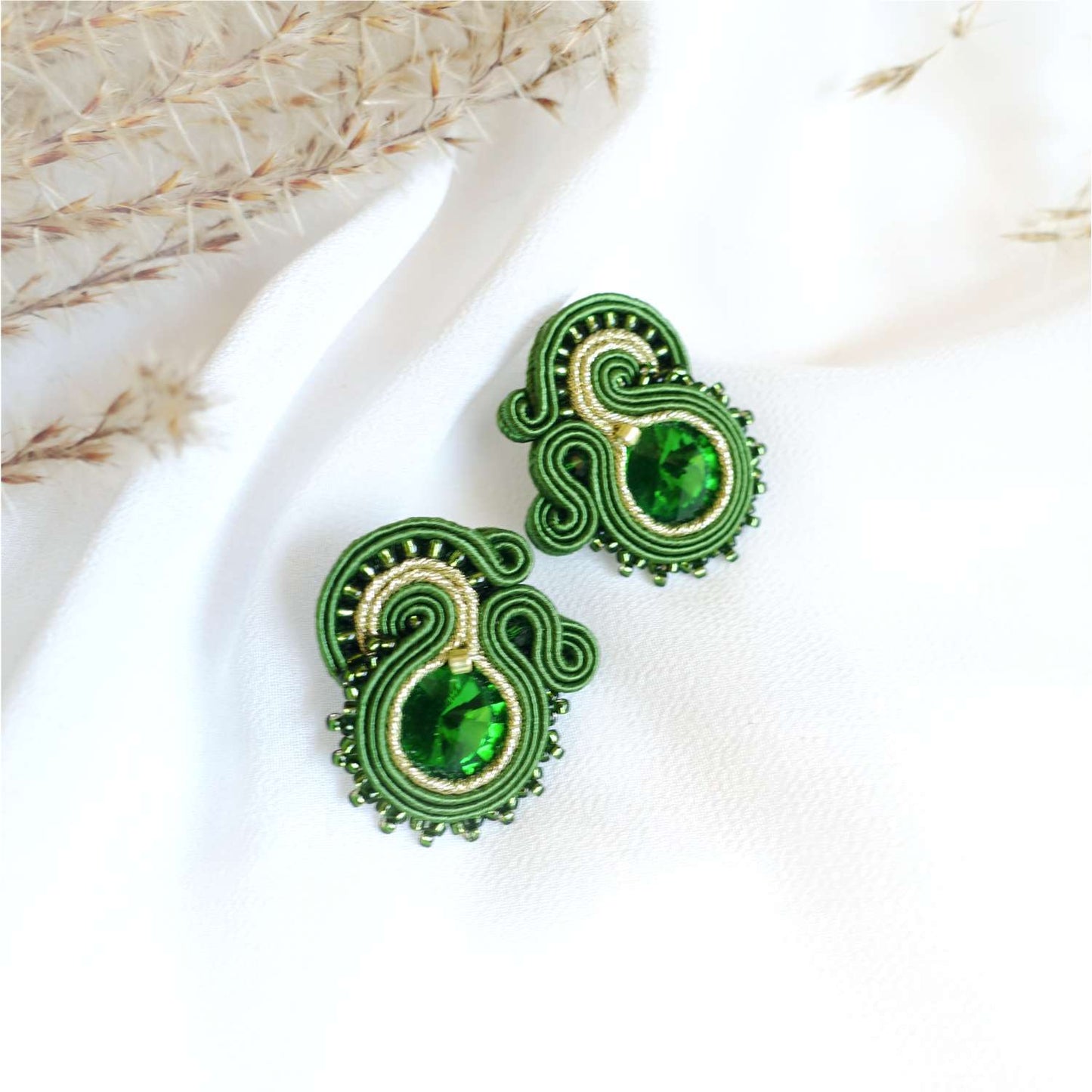 Green small soutache earrings, 169 GreenGold