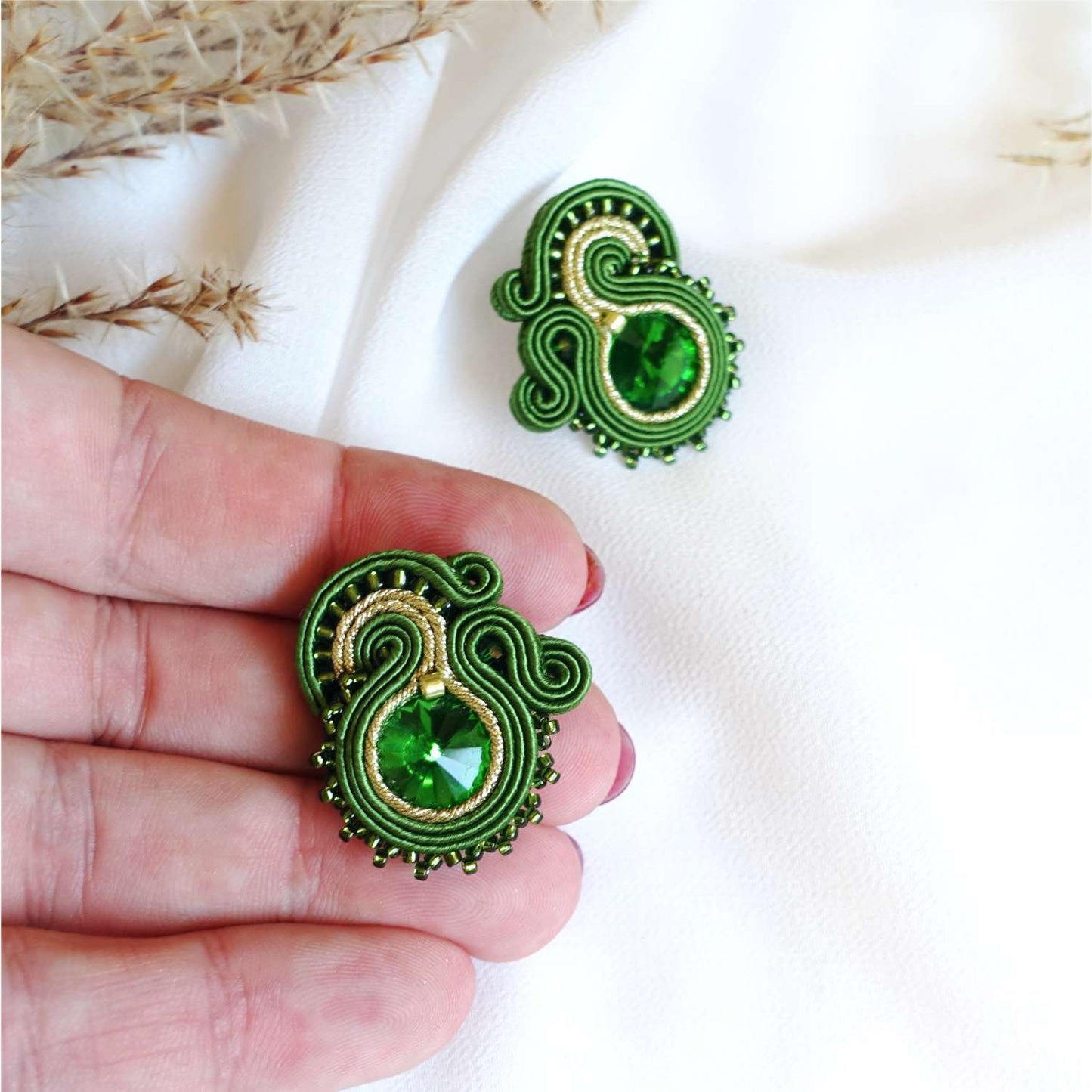 Green small soutache earrings, 169 GreenGold