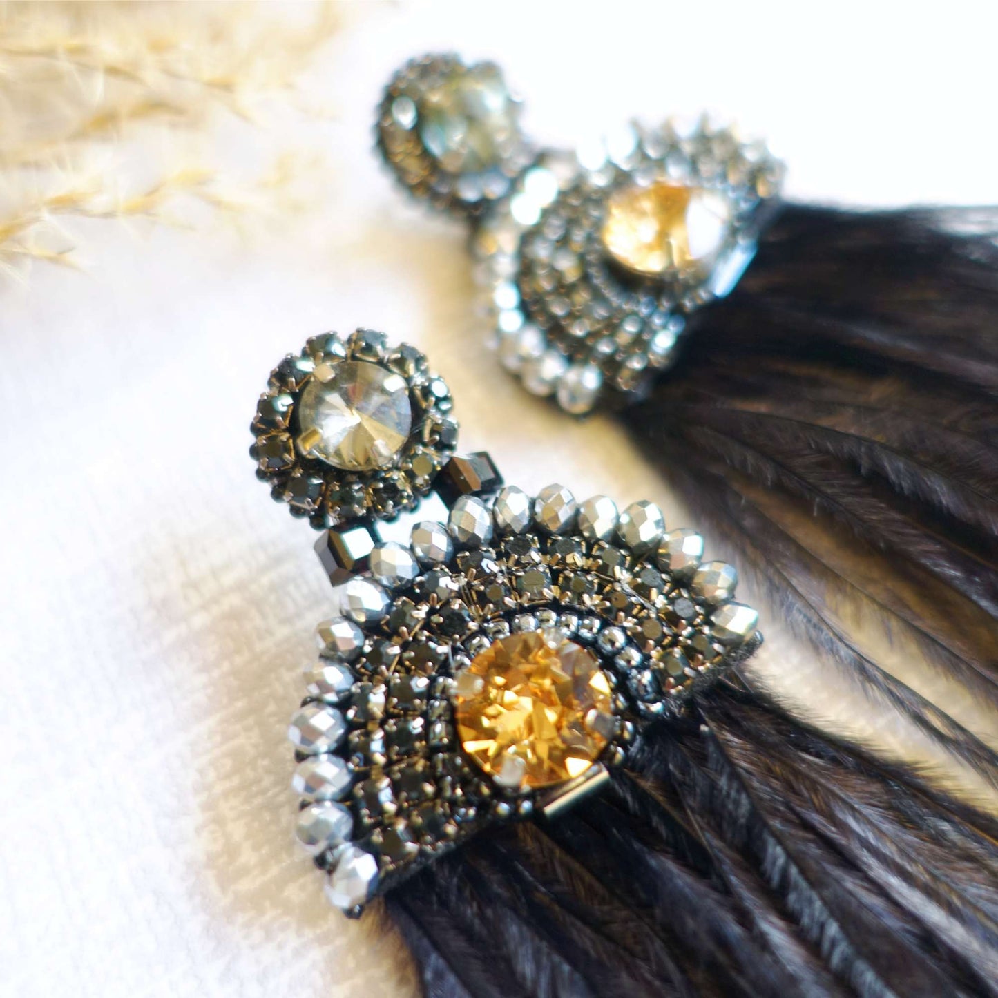 Black feather and crystal earrings 413 Iris