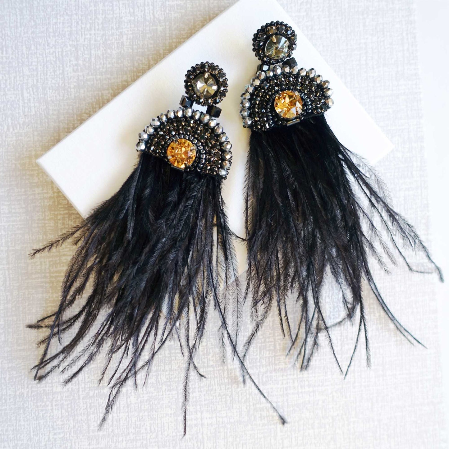 Black feather and crystal earrings 413 Iris