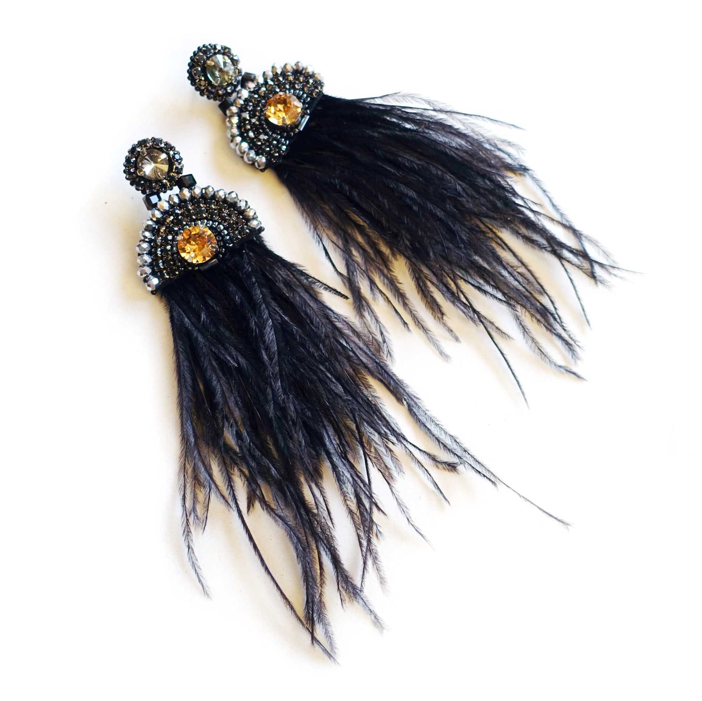 Black feather and crystal earrings 413 Iris