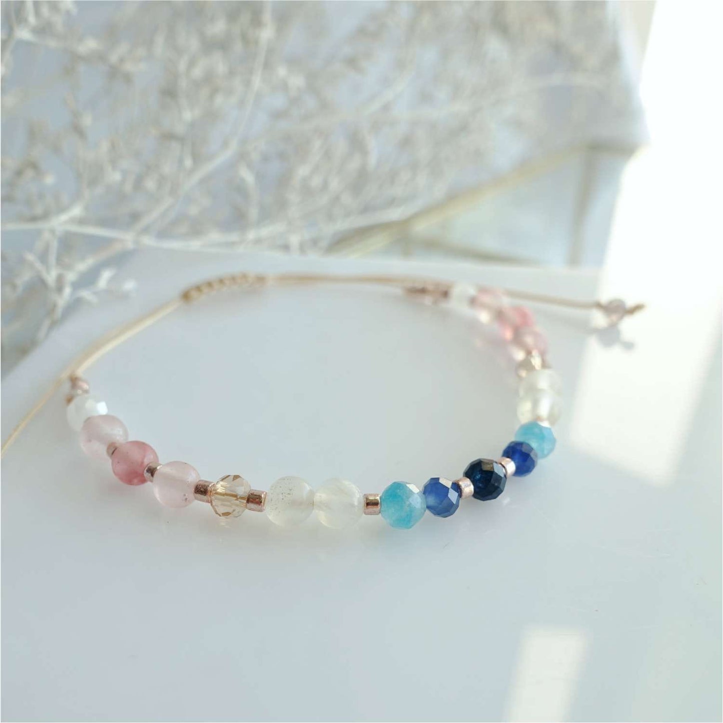 Blue Pink Natural Stone Bracelet, Sapphire Quartz Agate TD9150
