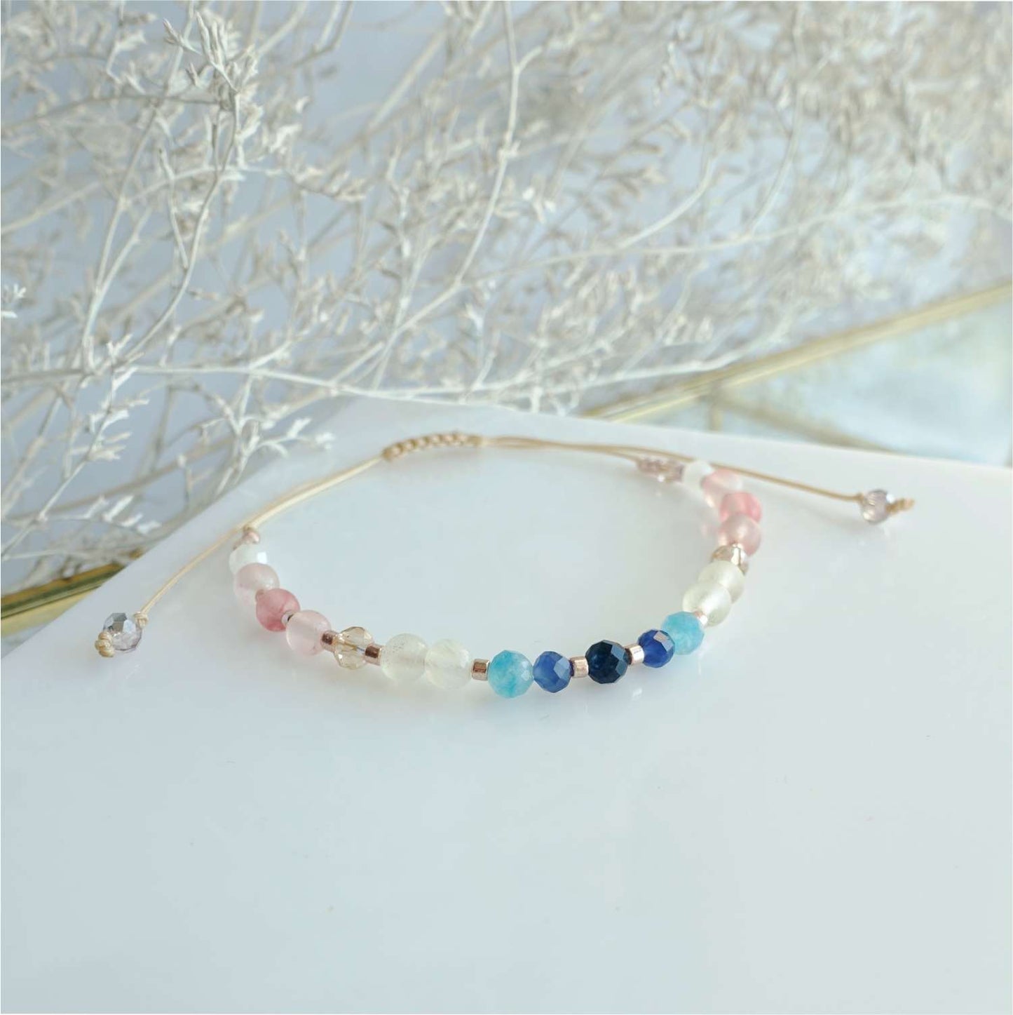 Blue Pink Natural Stone Bracelet, Sapphire Quartz Agate TD9150