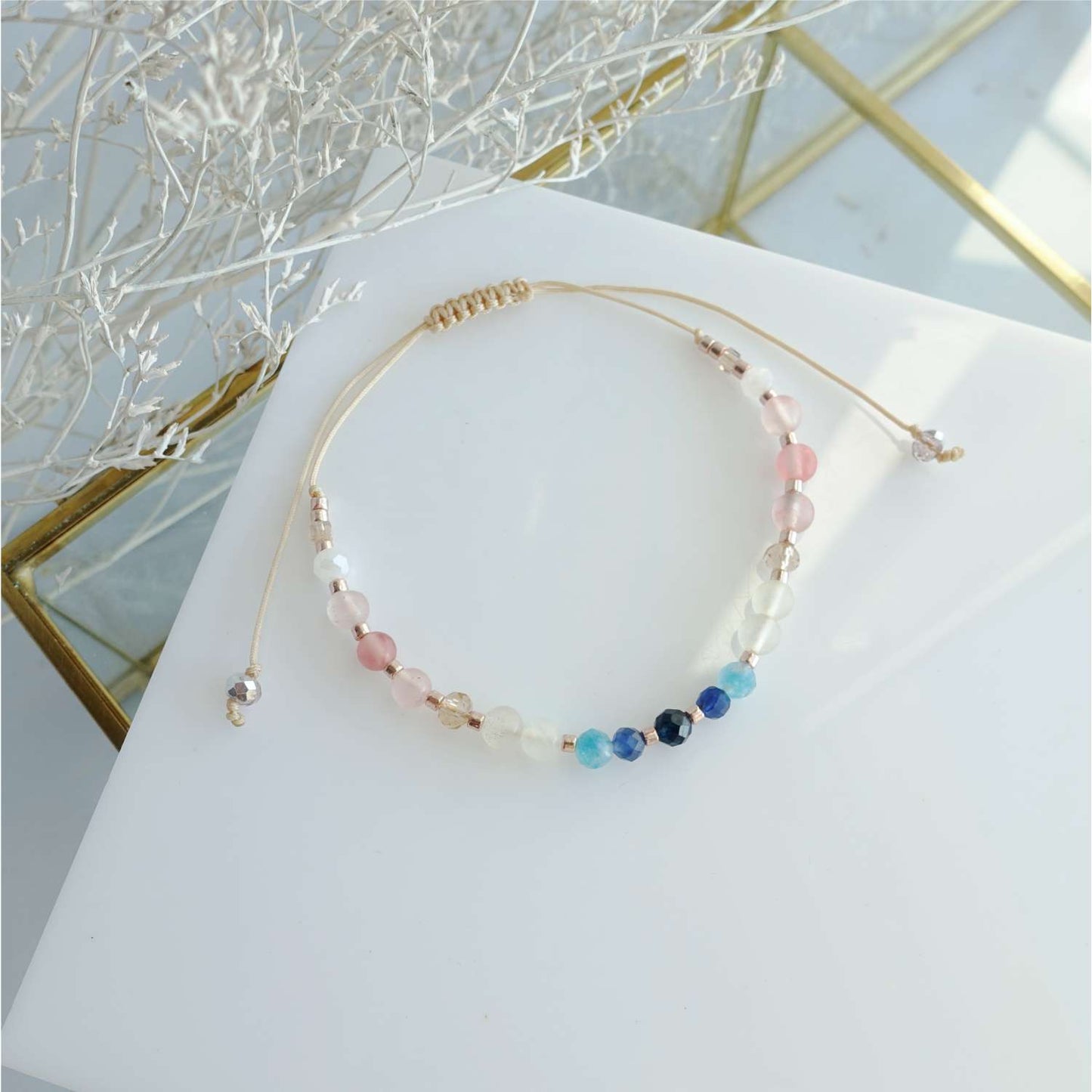 Blue Pink Natural Stone Bracelet, Sapphire Quartz Agate TD9150