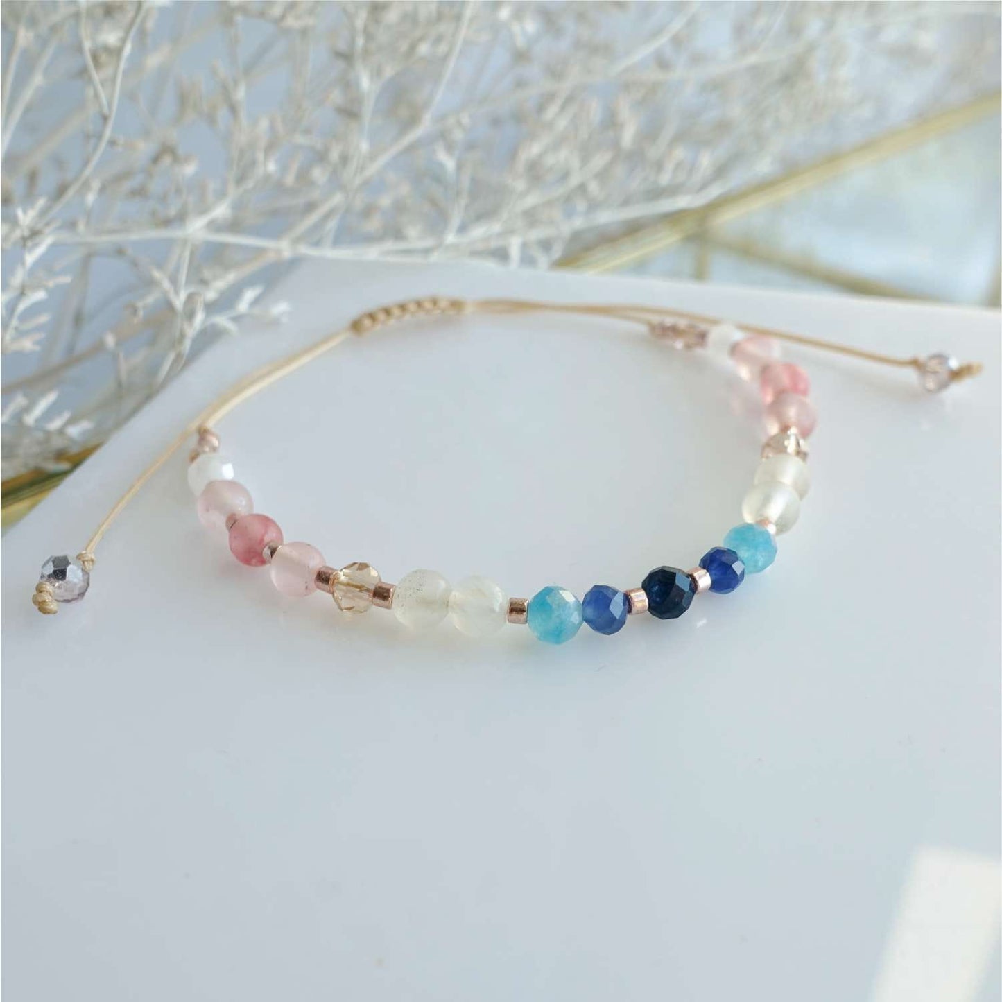 Blue Pink Natural Stone Bracelet, Sapphire Quartz Agate TD9150