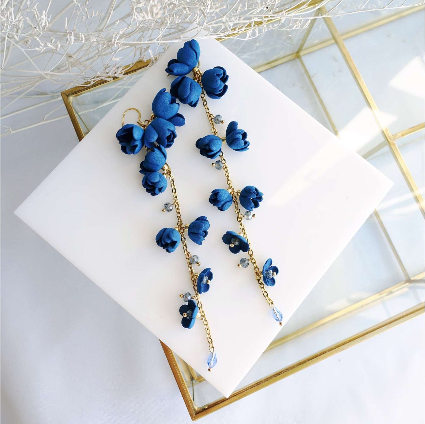 Blue flower earrings on a gold chain 867 Blue Lily of the Valley