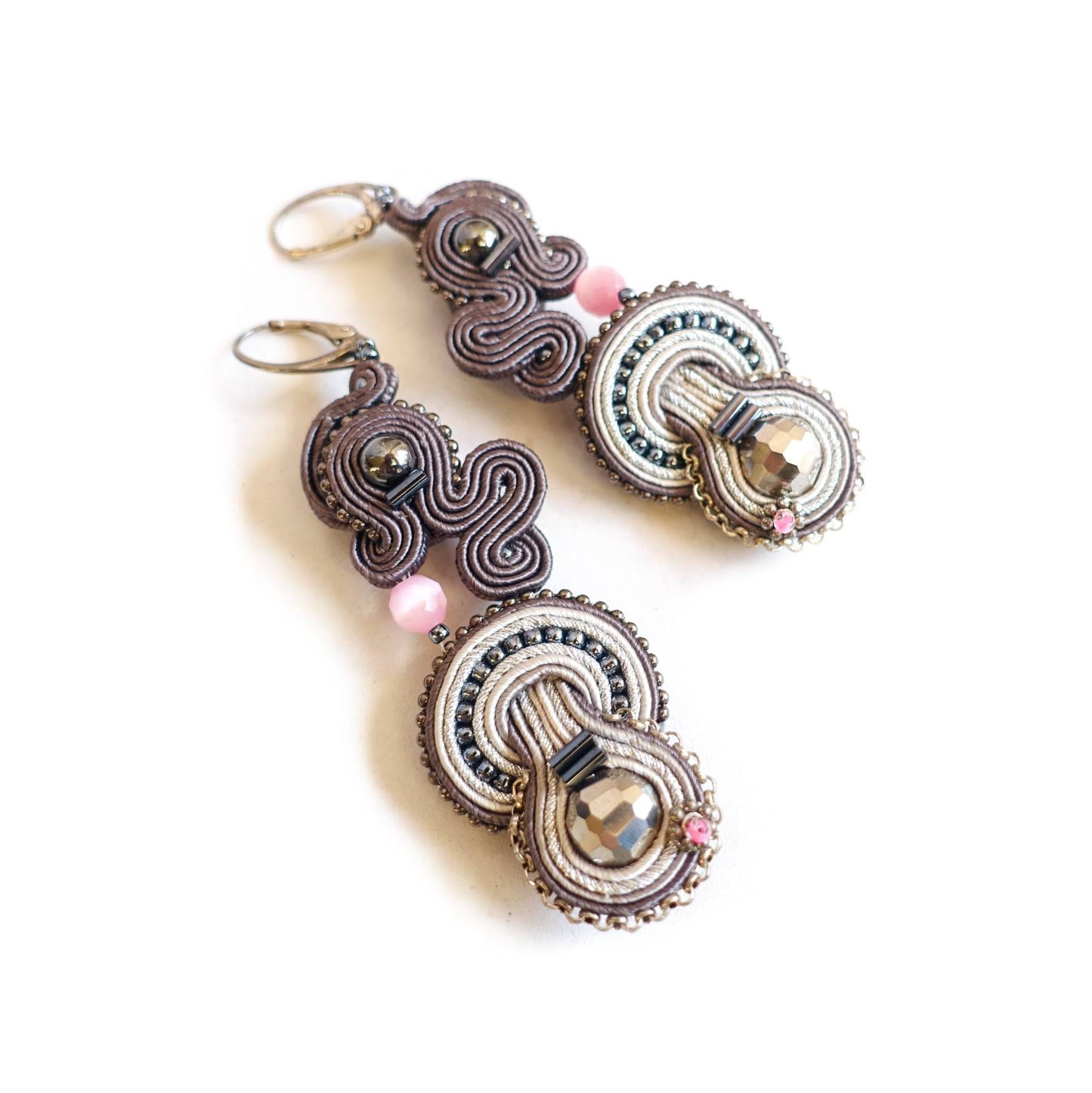 Gray-pink soutache earrings 115 SilverPink