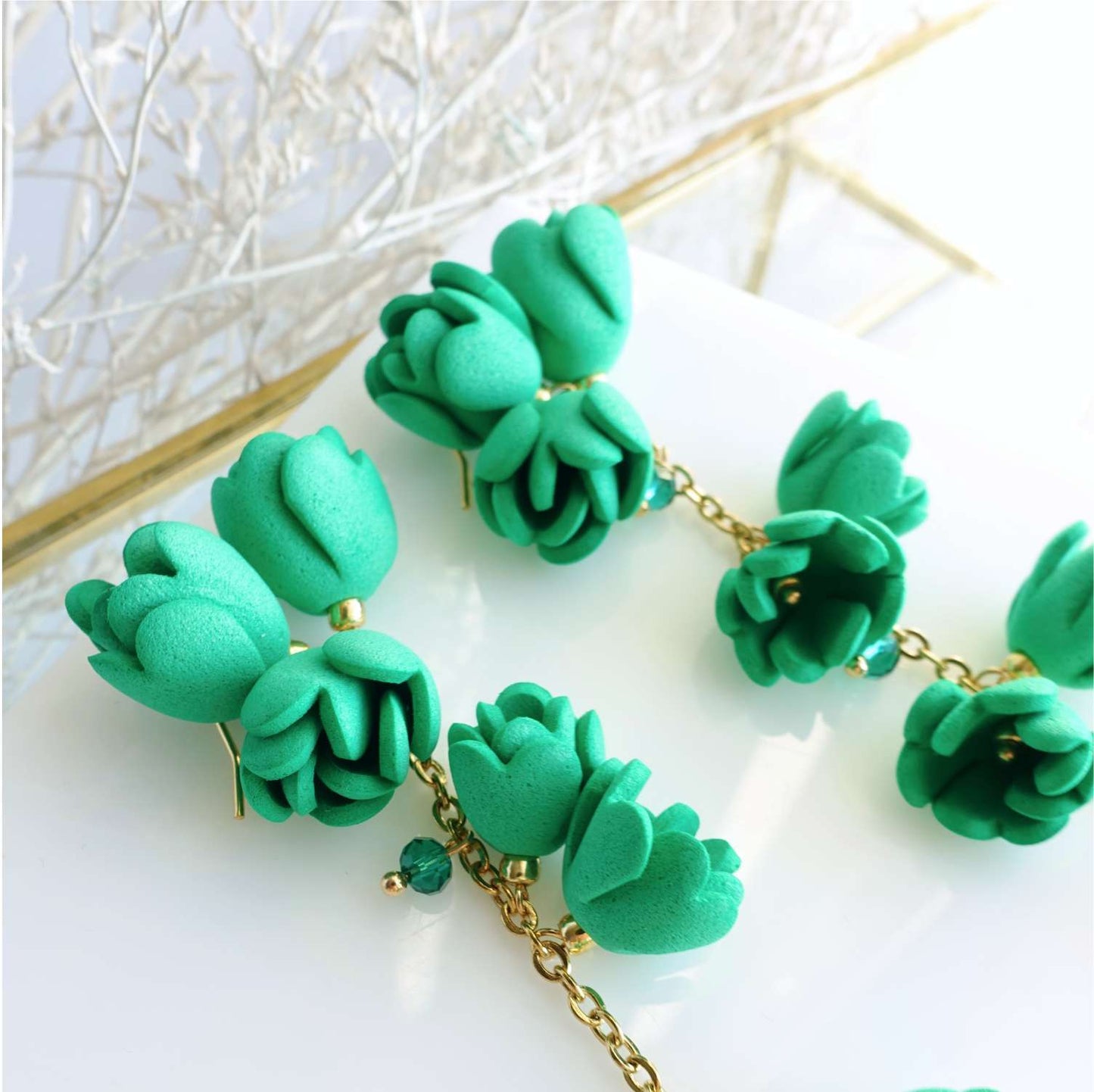 Green flower earrings on a gold chain 867 Green Lily of the Valley