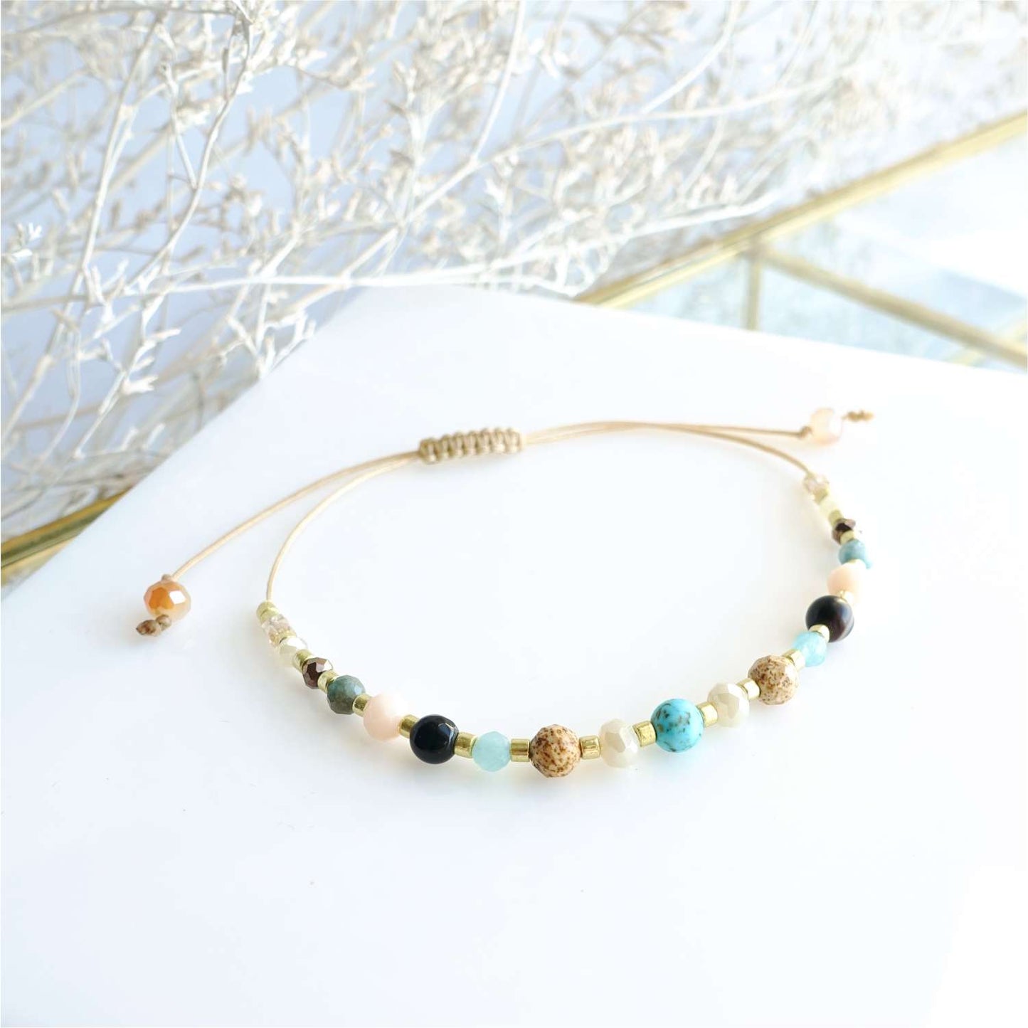 Bracelet with natural stones turquoise tourmaline amazonite and jasper TD9212