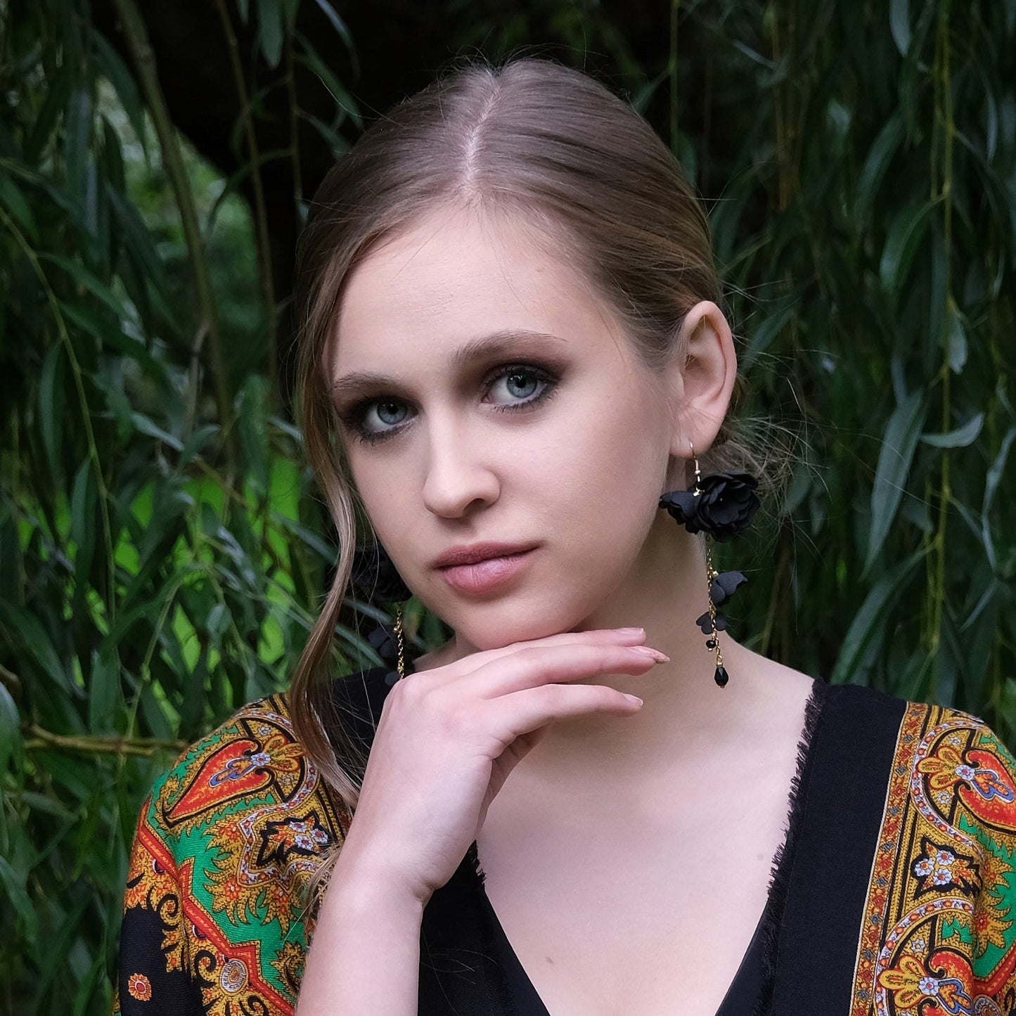 Black flower earrings on a gold chain 855 Black Gardenia