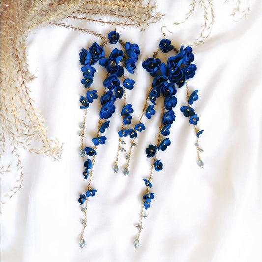 Blue long flower earrings on gold chain 860 Blue New Gardenia