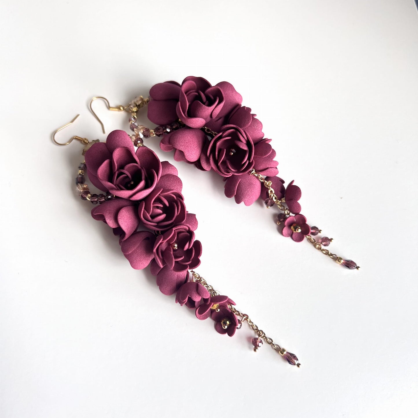 Long earrings burgundy grape flowers on a gold chain 863 Burgundy Grapes