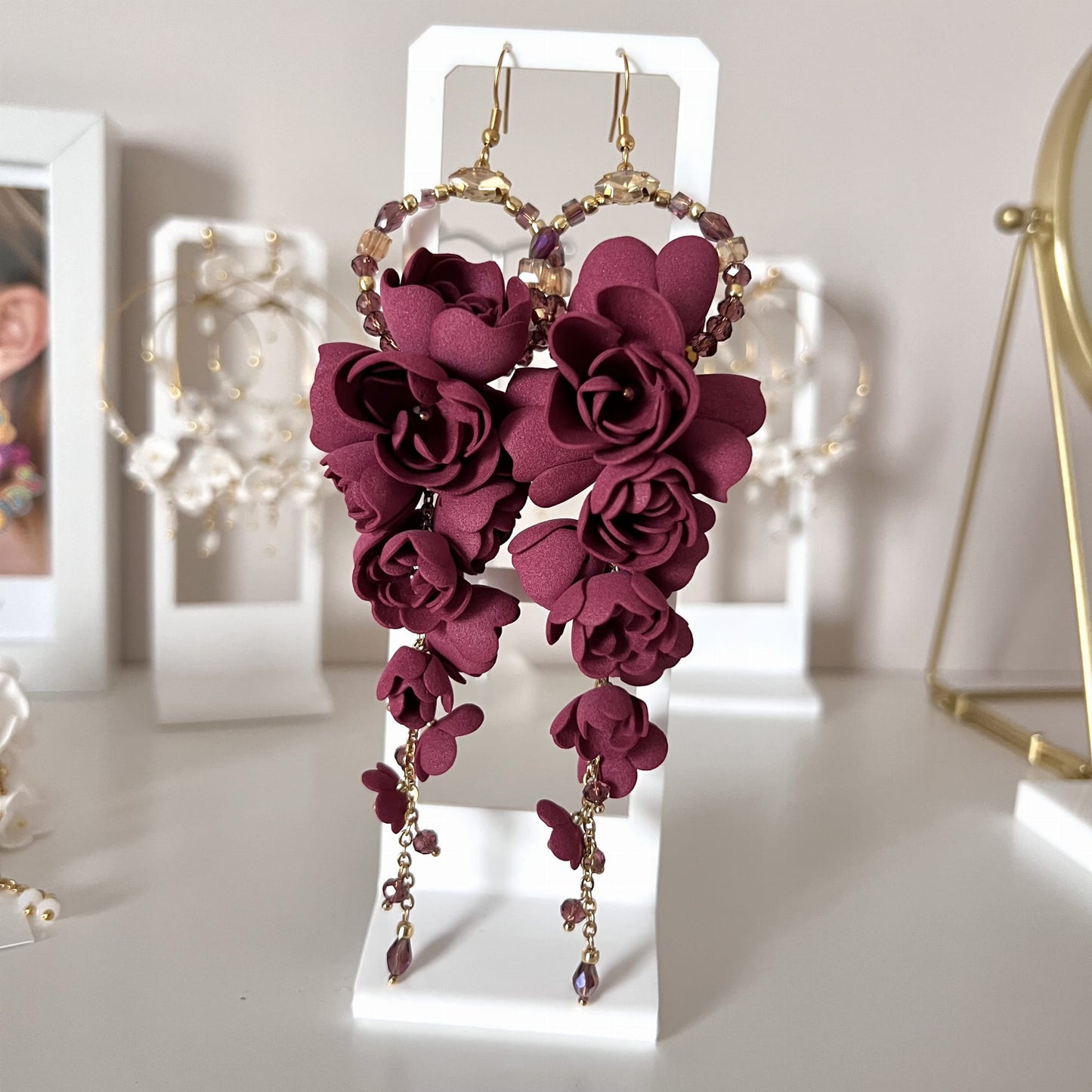 Long earrings burgundy grape flowers on a gold chain 863 Burgundy Grapes