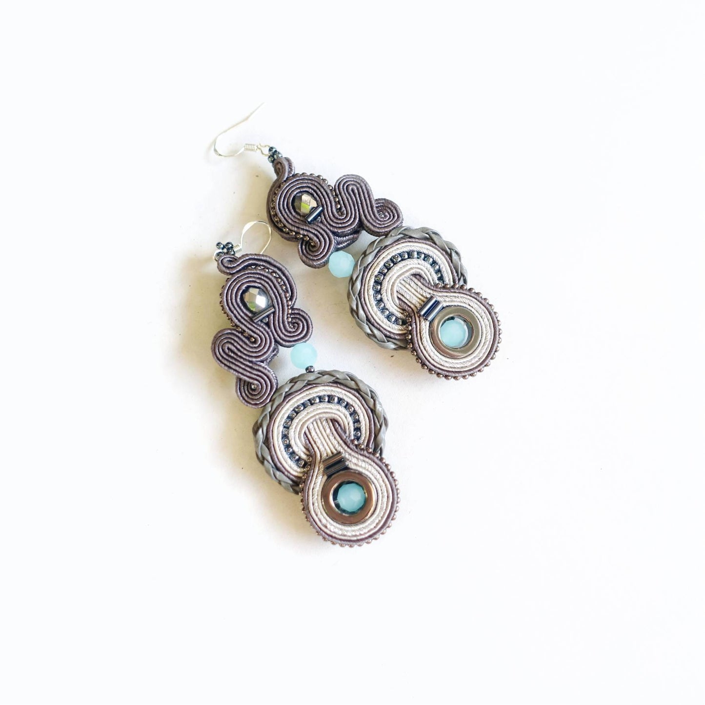 Gray turquoise soutache earrings with hematite 115 SilverBlue