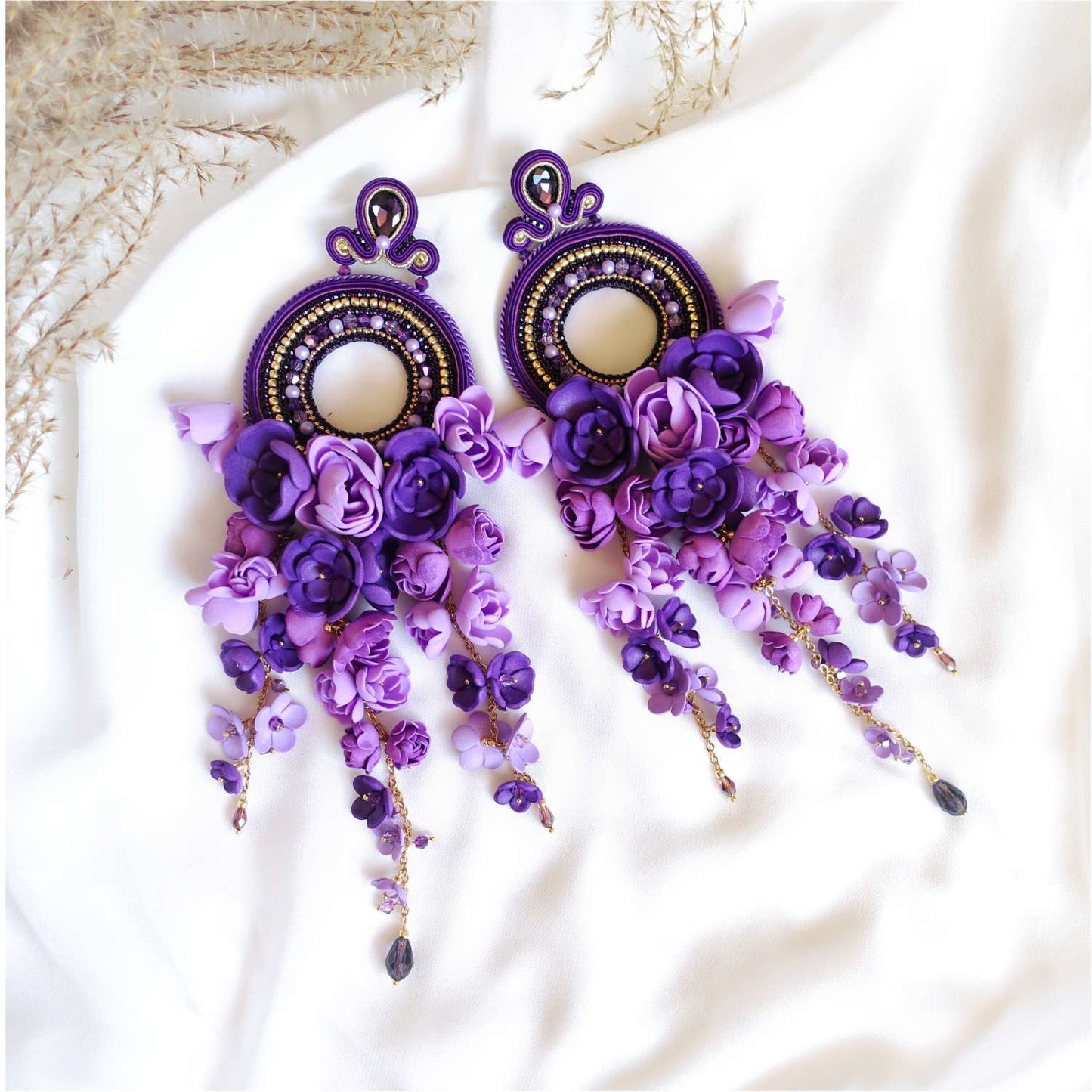 Purple flower hoop earrings on gold chain 862 Purple Viseria S
