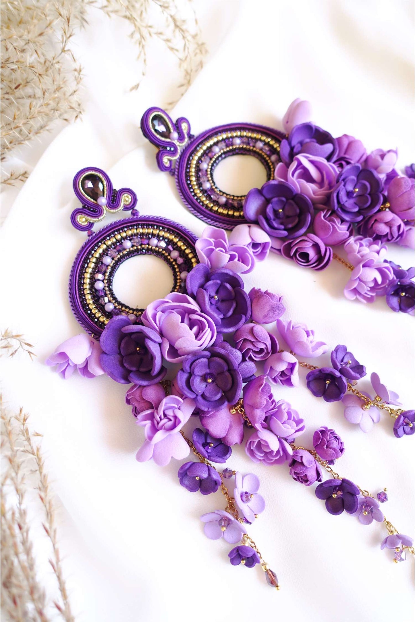 Purple flower hoop earrings on gold chain 862 Purple Viseria S