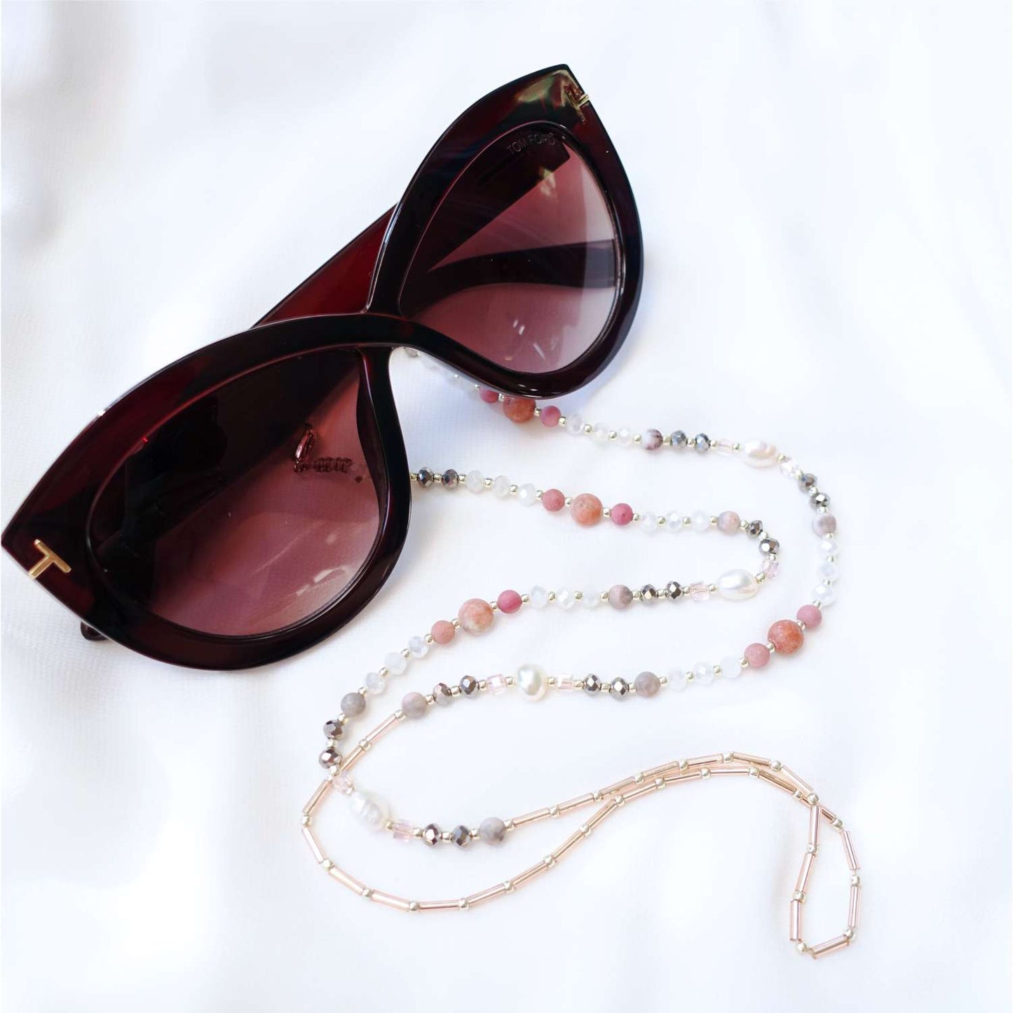 Pink glasses chain with natural stones rhodonite, jade, agate, LadyPink EGC517