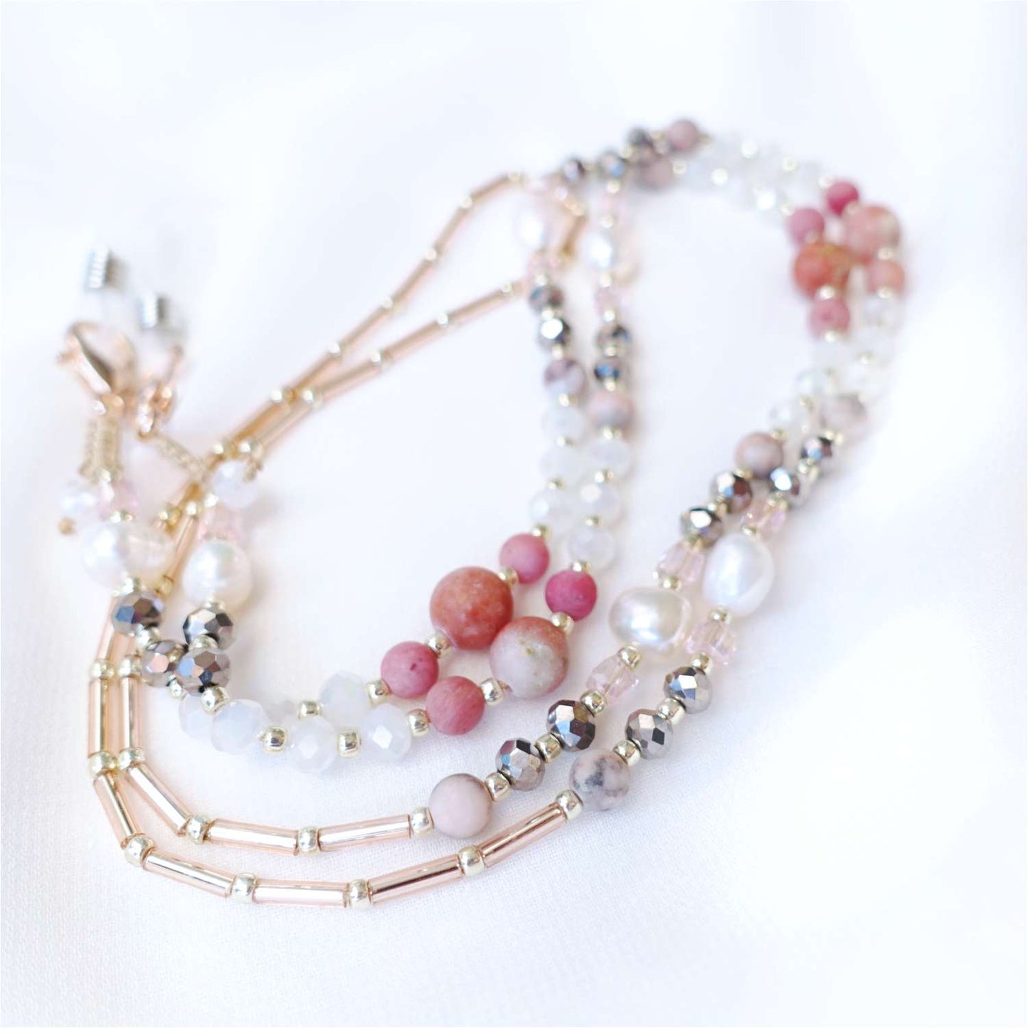 Pink glasses chain with natural stones rhodonite, jade, agate, LadyPink EGC517