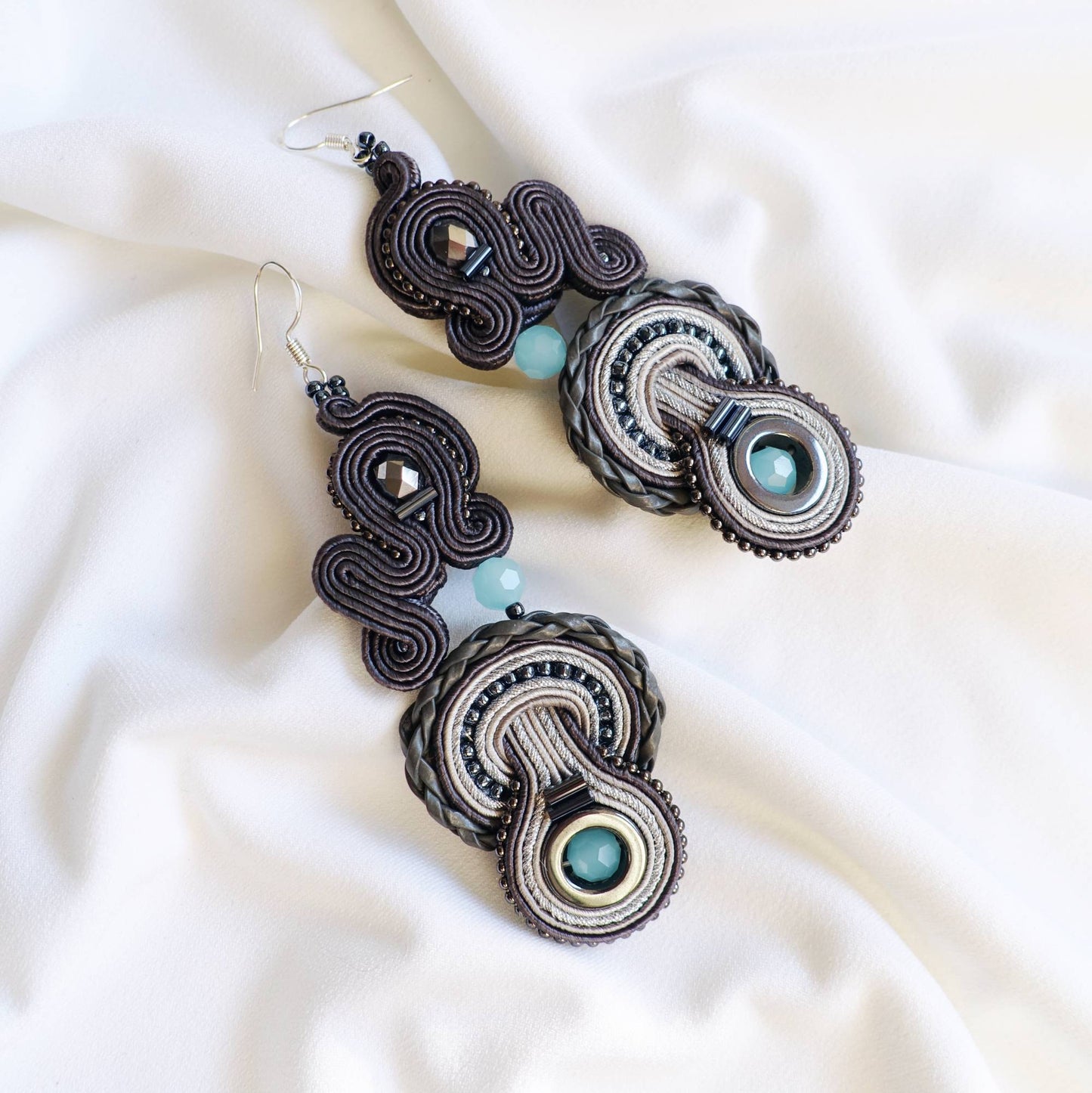 Gray turquoise soutache earrings with hematite 115 SilverBlue