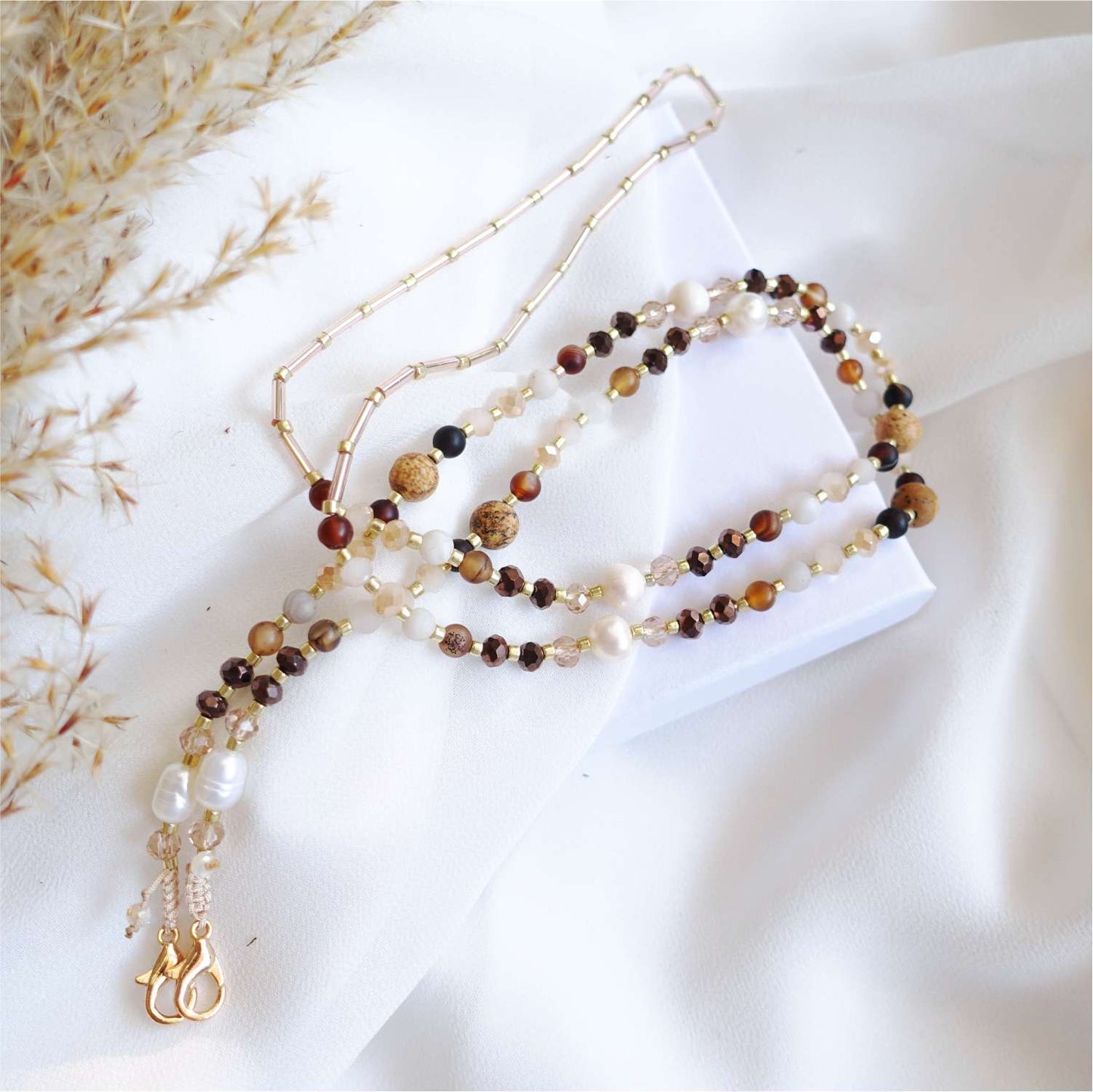 Beige brown glasses chain with jasper and pearls, natural stones, LadyBrown I