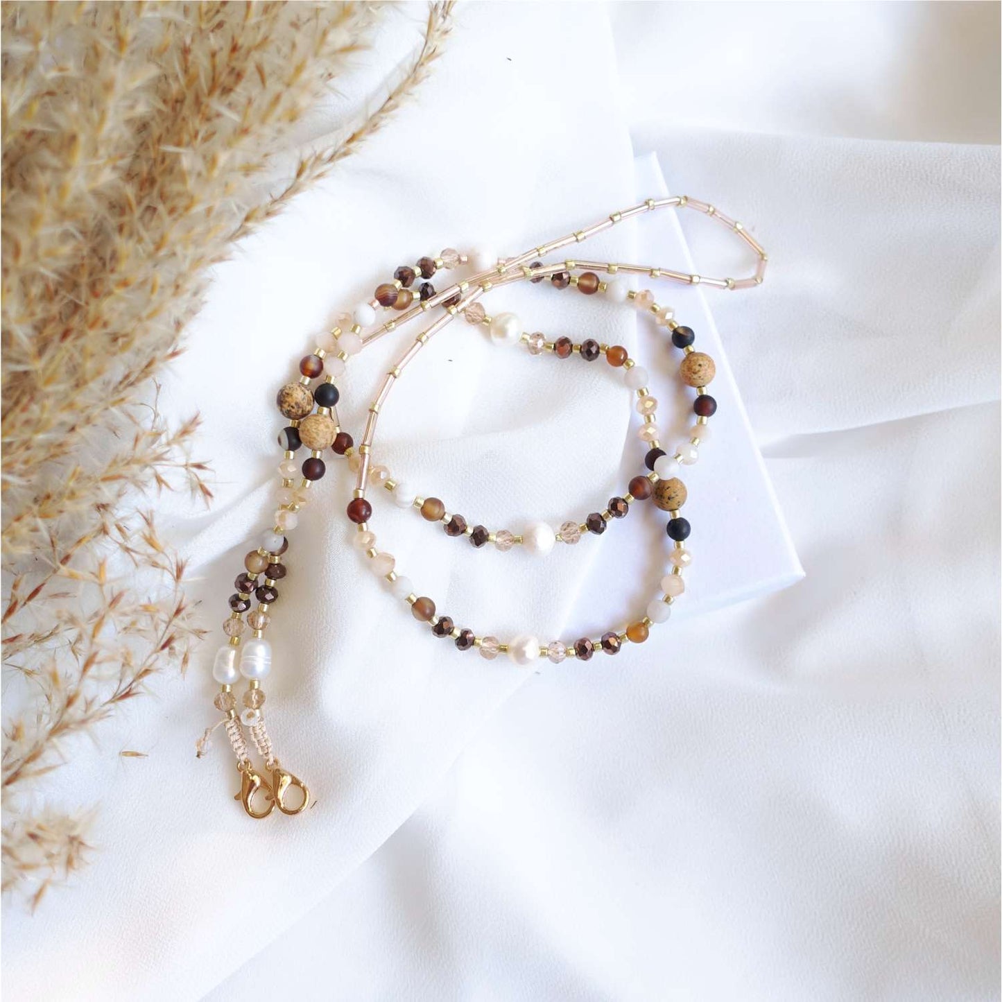 Beige brown glasses chain with jasper and pearls, natural stones, LadyBrown I