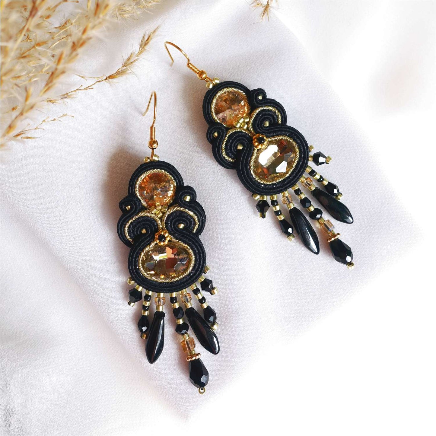 Black gold soutache earrings with crystals 407 BlackGold