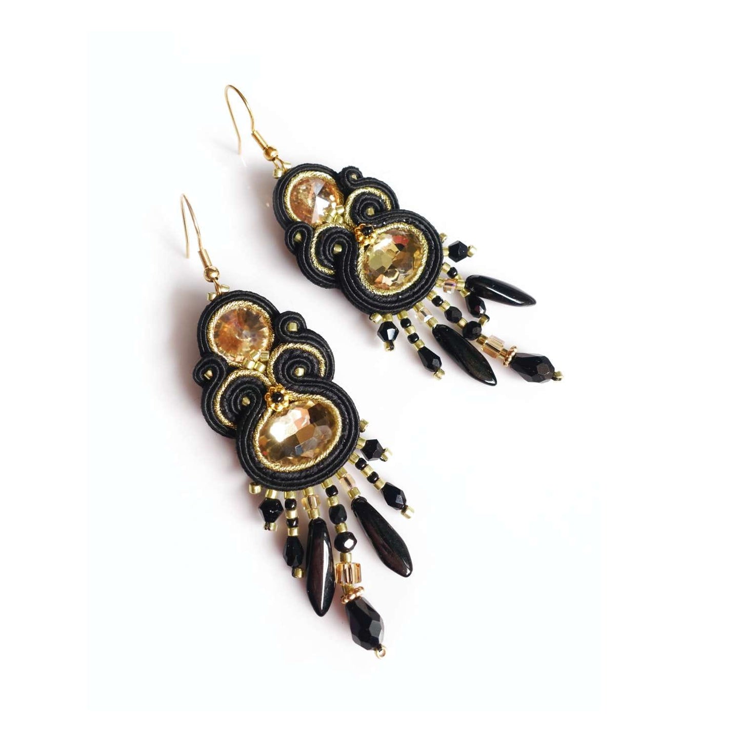 Black gold soutache earrings with crystals 407 BlackGold