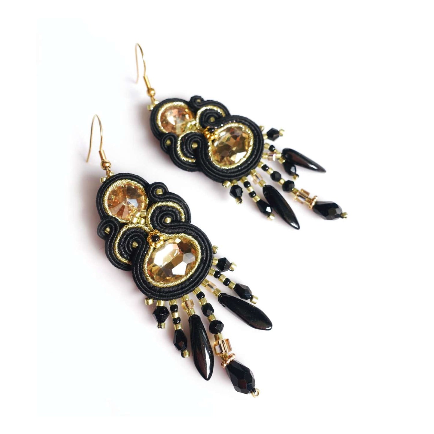 Black gold soutache earrings with crystals 407 BlackGold