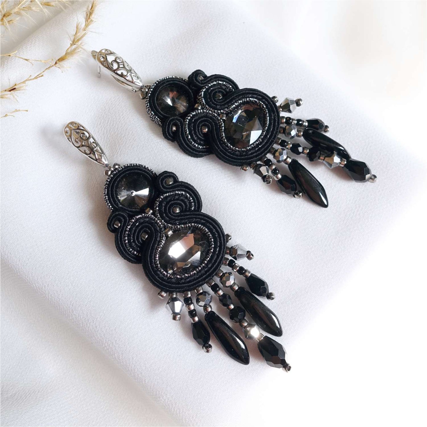 Black silver soutache earrings with crystals 407 BlackSilver