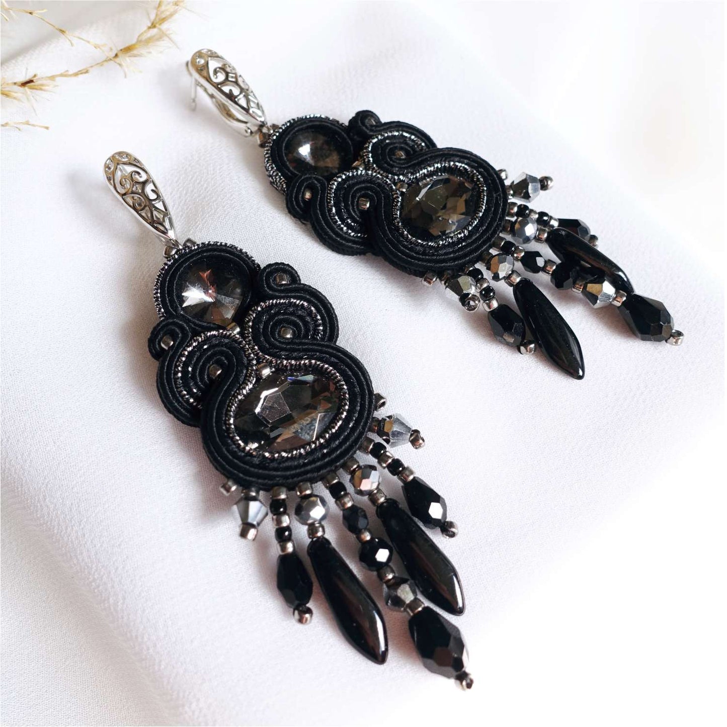Black silver soutache earrings with crystals 407 BlackSilver