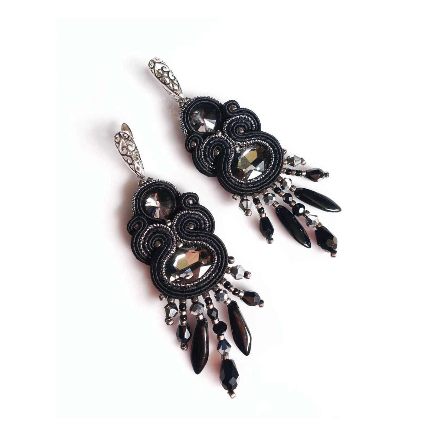 Black silver soutache earrings with crystals 407 BlackSilver