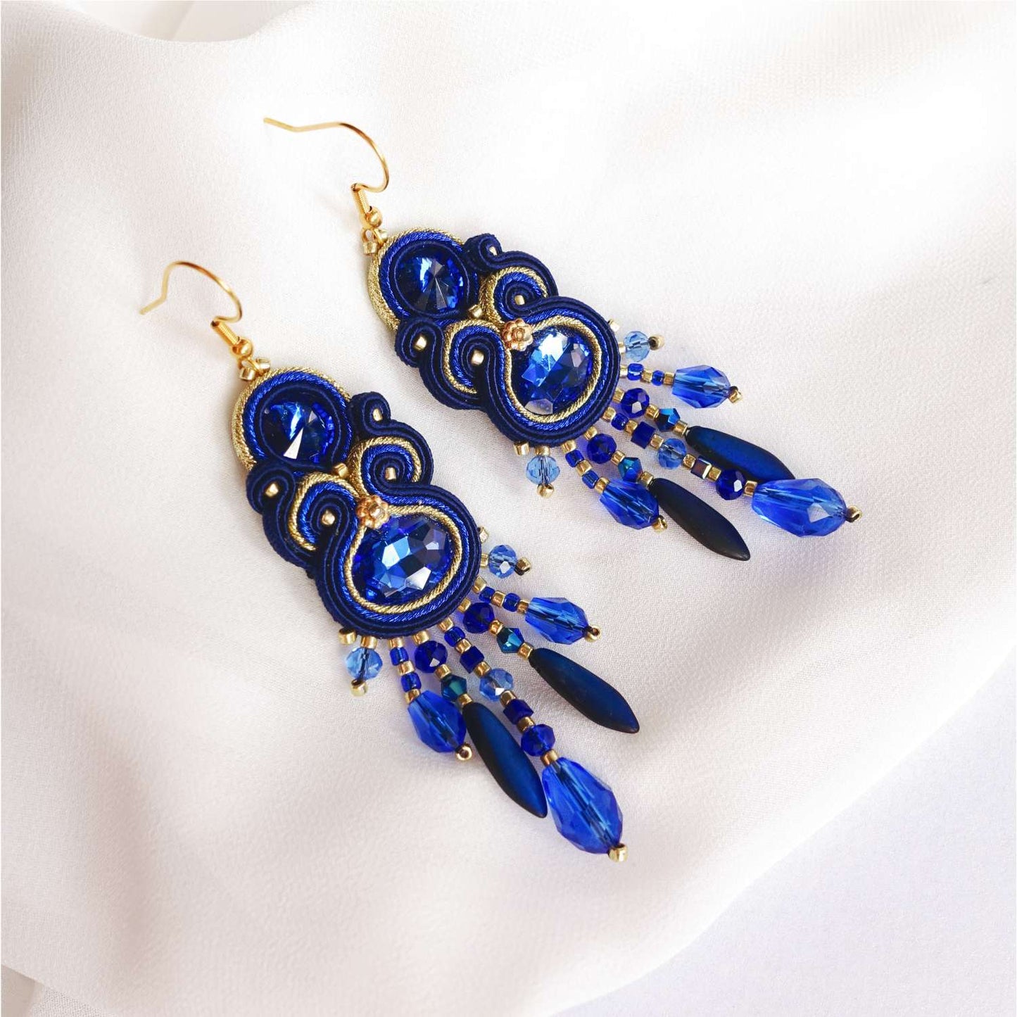 Blue and gold soutache earrings with crystals 407 Blue Gold