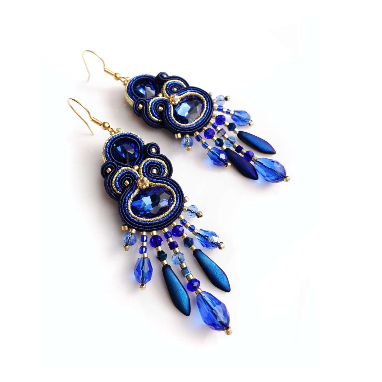 Blue and gold soutache earrings with crystals 407 Blue Gold