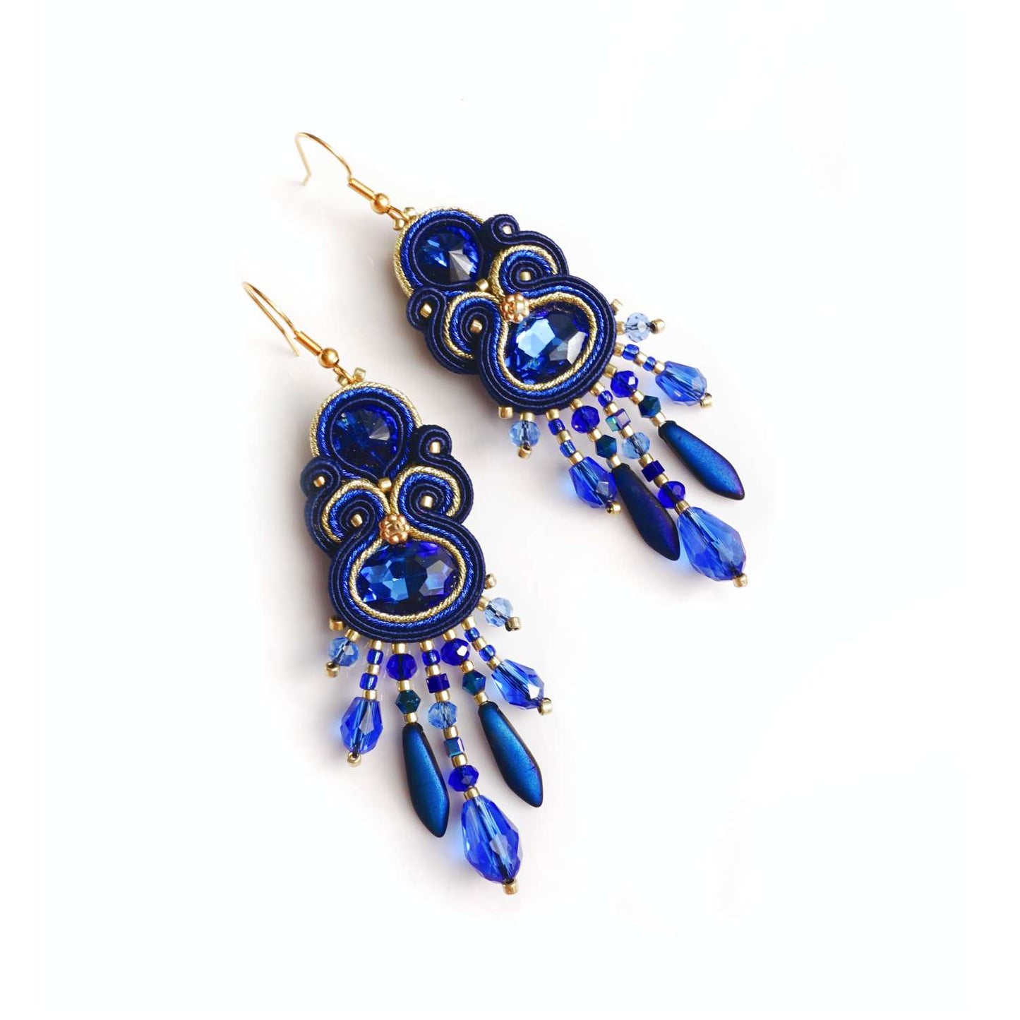 Blue and gold soutache earrings with crystals 407 Blue Gold