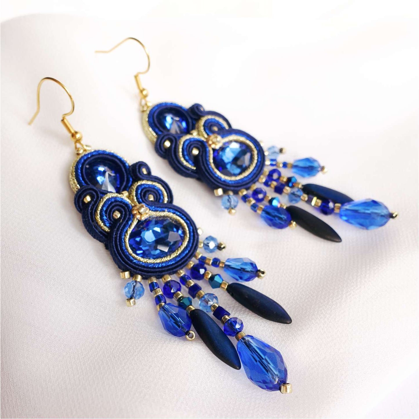 Blue and gold soutache earrings with crystals 407 Blue Gold