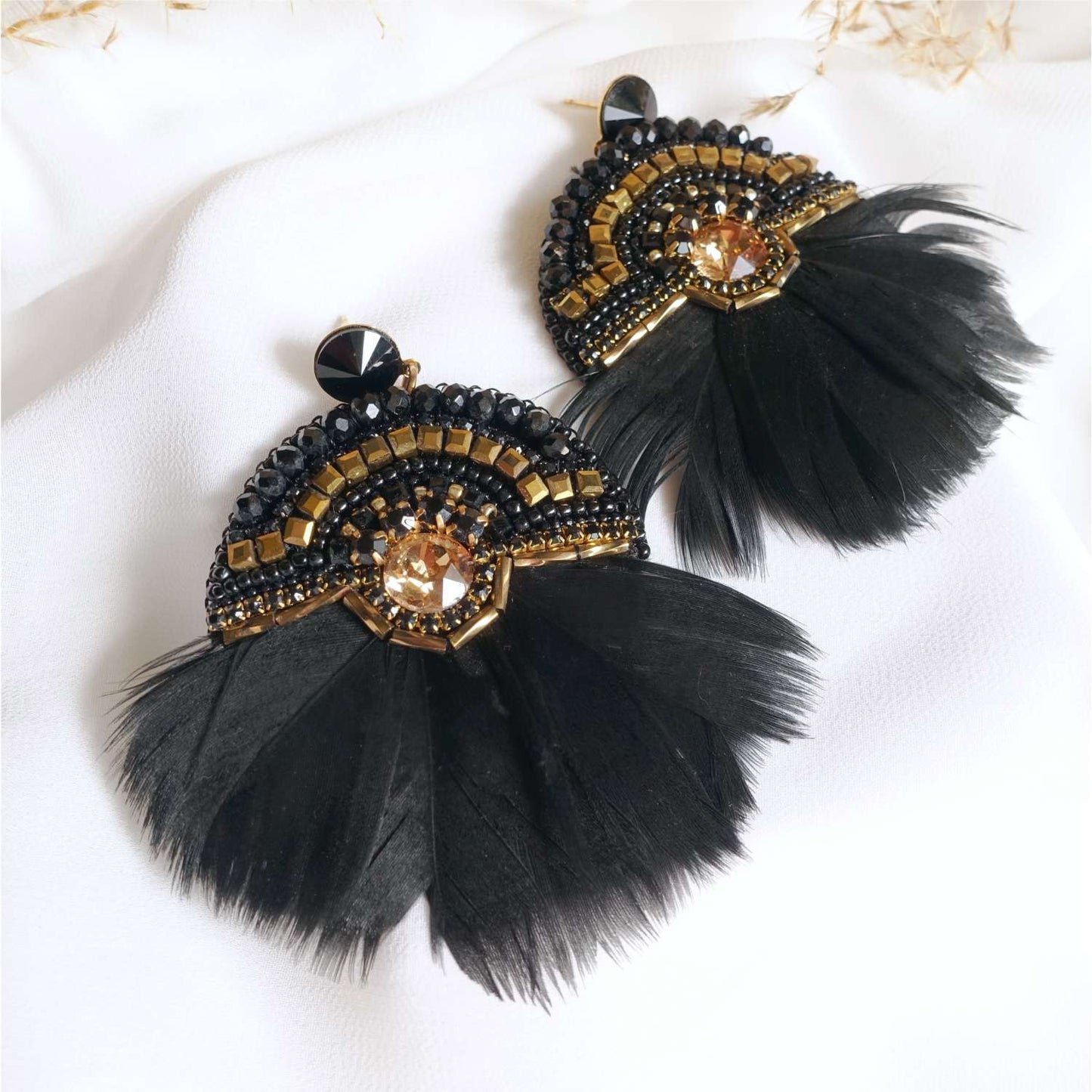 Black and gold earrings with feathers and crystals 420 Black Inka