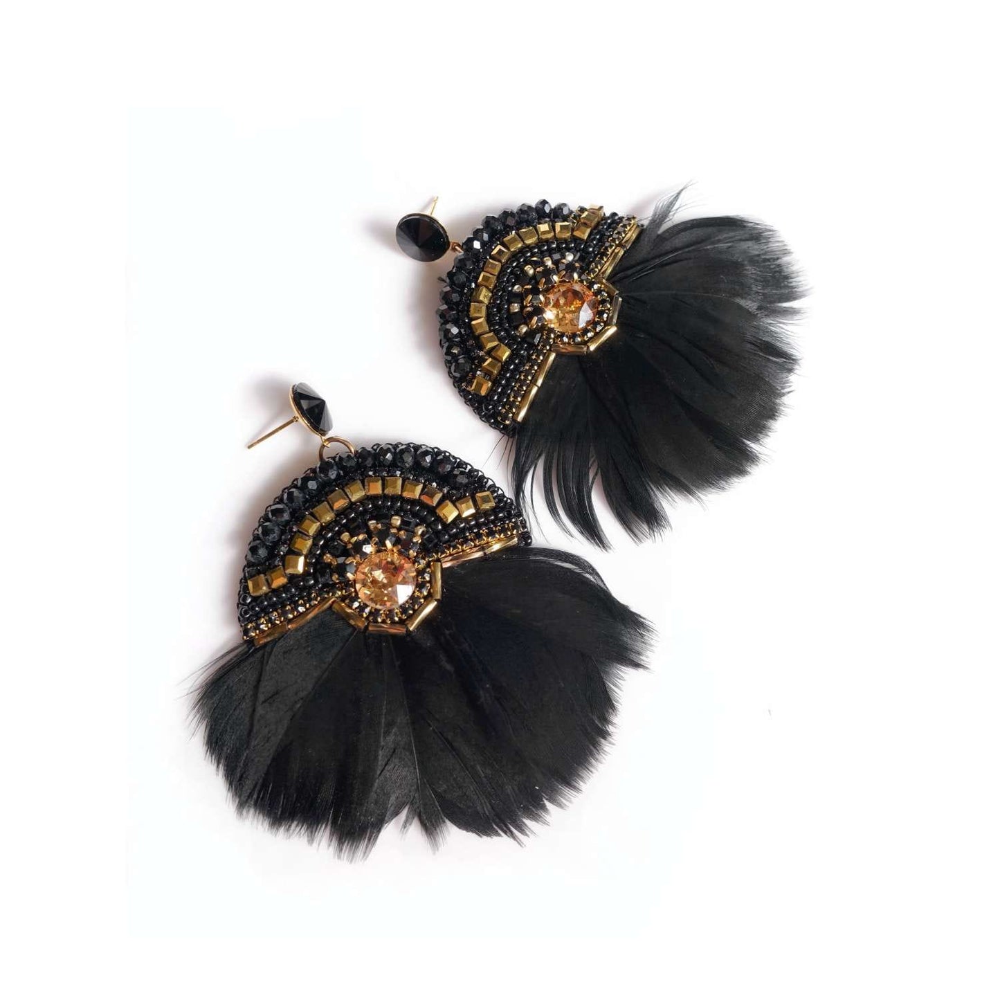 Black and gold earrings with feathers and crystals 420 Black Inka
