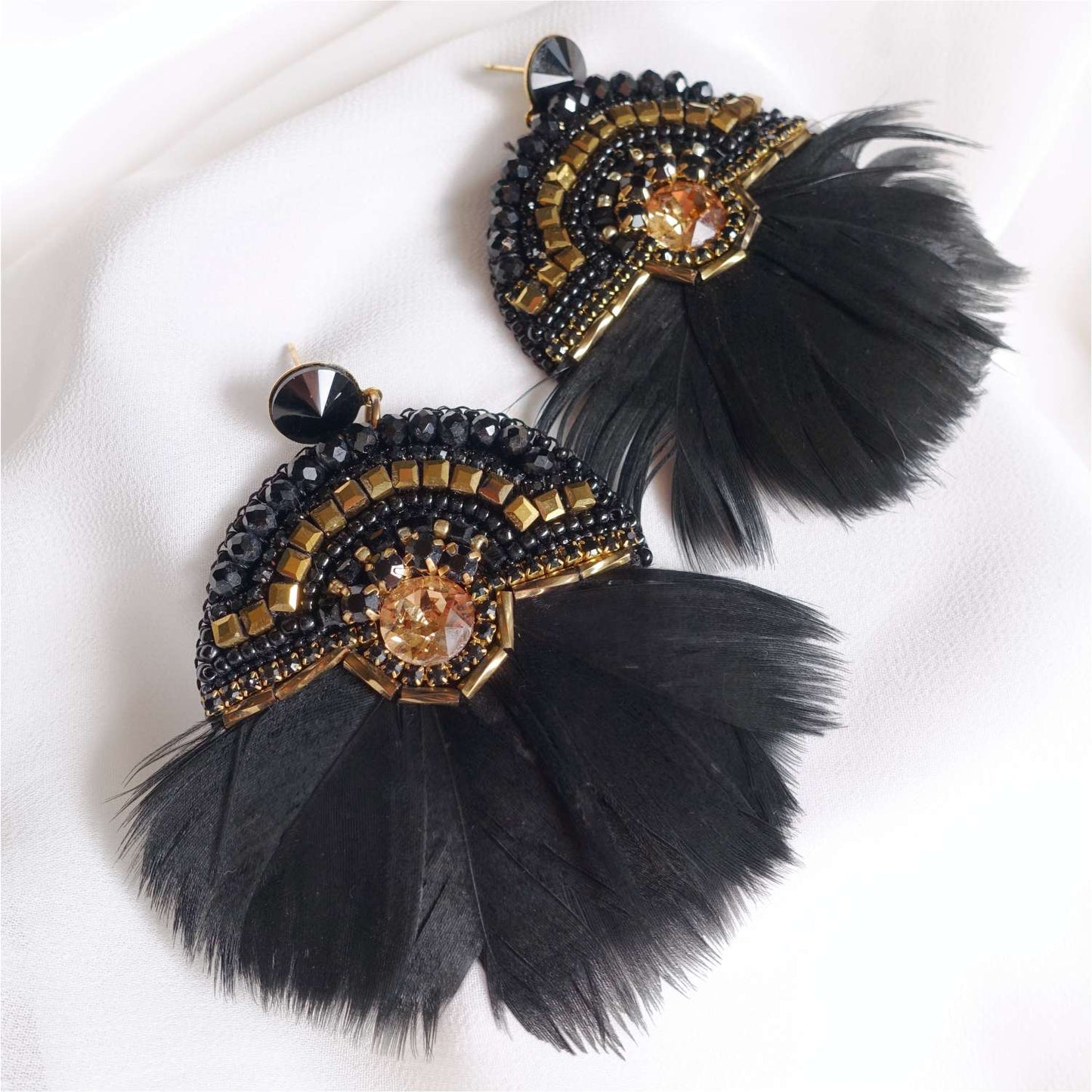 Black and gold earrings with feathers and crystals 420 Black Inka