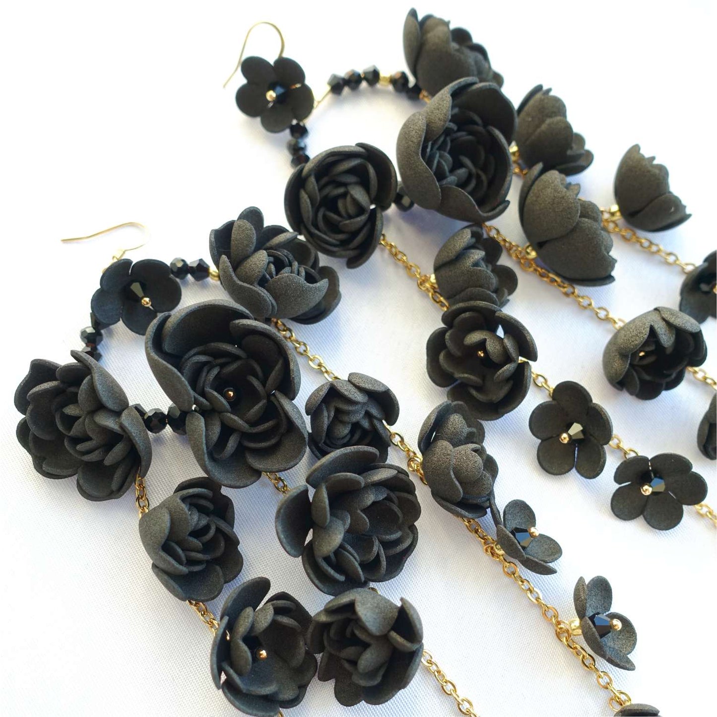 Black long flower earrings on gold chain 860 Black New Gardenia
