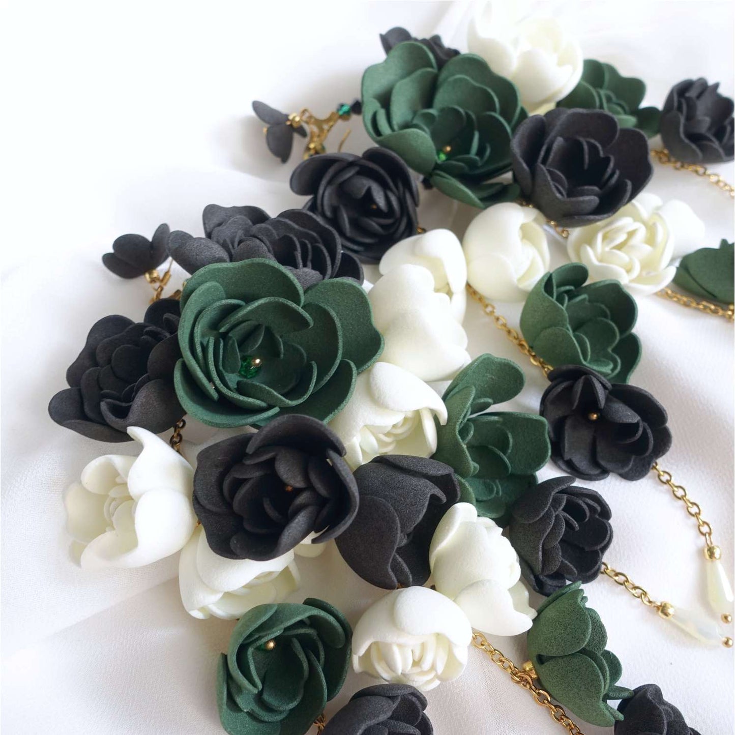 Long black green flower earrings on a gold chain 859 Green Black New Gardenia S
