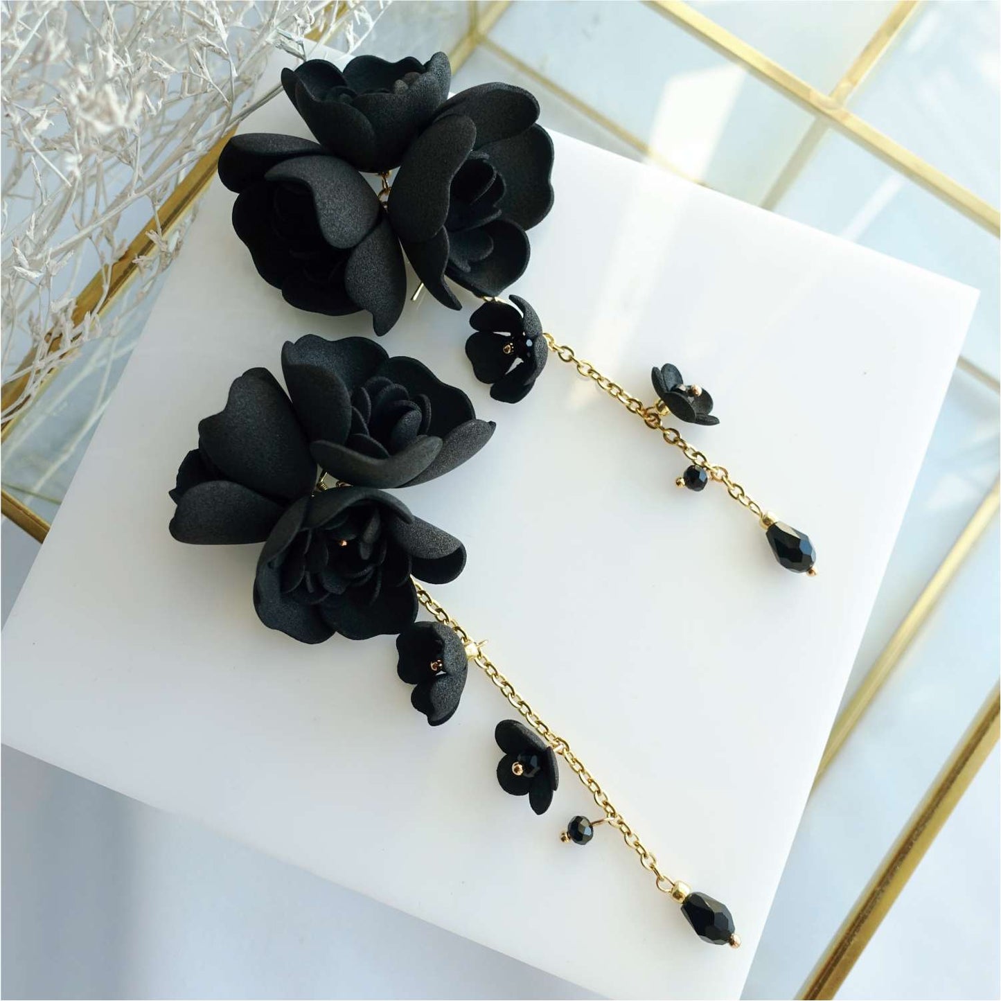 Black flower earrings on a gold chain 855 Black Gardenia