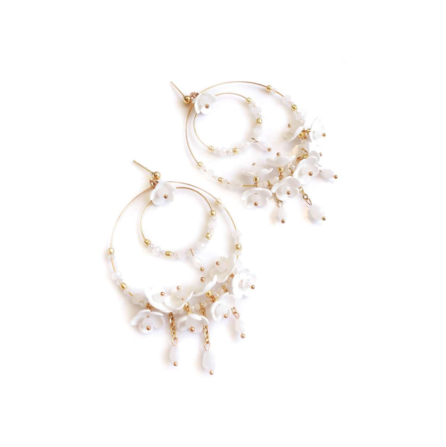 Wedding white flower earrings on gold hoops 870 White Hoop