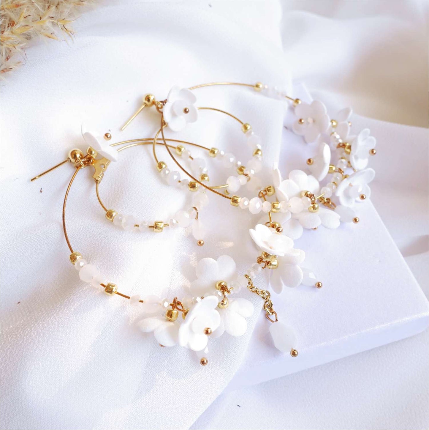 Wedding white flower earrings on gold hoops 870 White Hoop