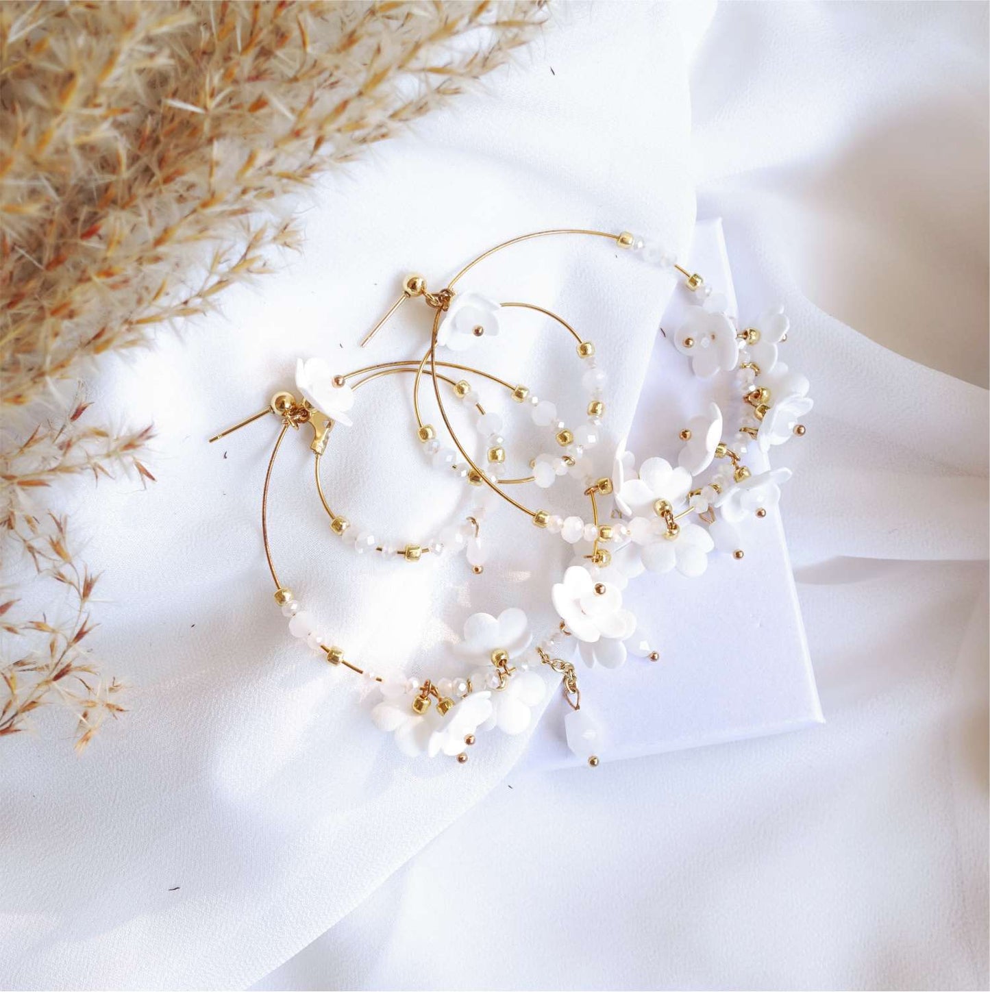 Wedding white flower earrings on gold hoops 870 White Hoop