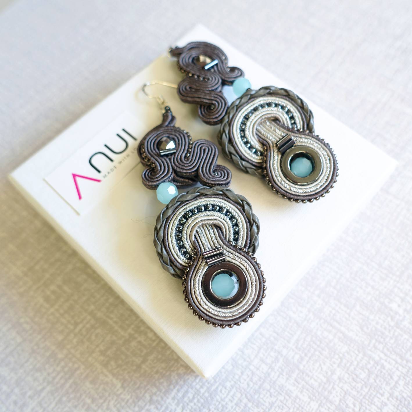 Gray turquoise soutache earrings with hematite 115 SilverBlue